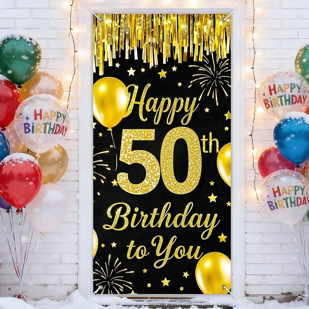 IVN 50th Birthday Door Cover 71x35 Inch Black Gold Birthday Banner for Party Decorations Balloons Stars Fireworks Backdrop Sign for Men Women Photo Booth Prop Wall Decor