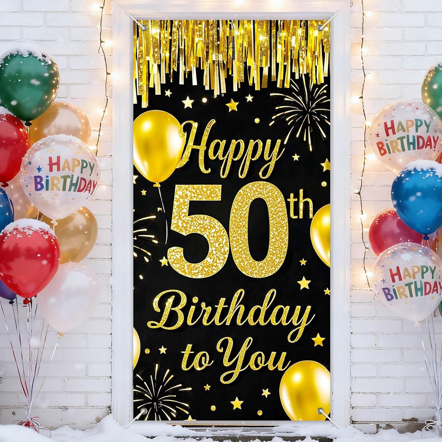 IVN 50th Birthday Door Cover 71x35 Inch Black Gold Birthday Banner for Party Decorations Balloons Stars Fireworks Backdrop Sign for Men Women Photo Booth Prop Wall Decor