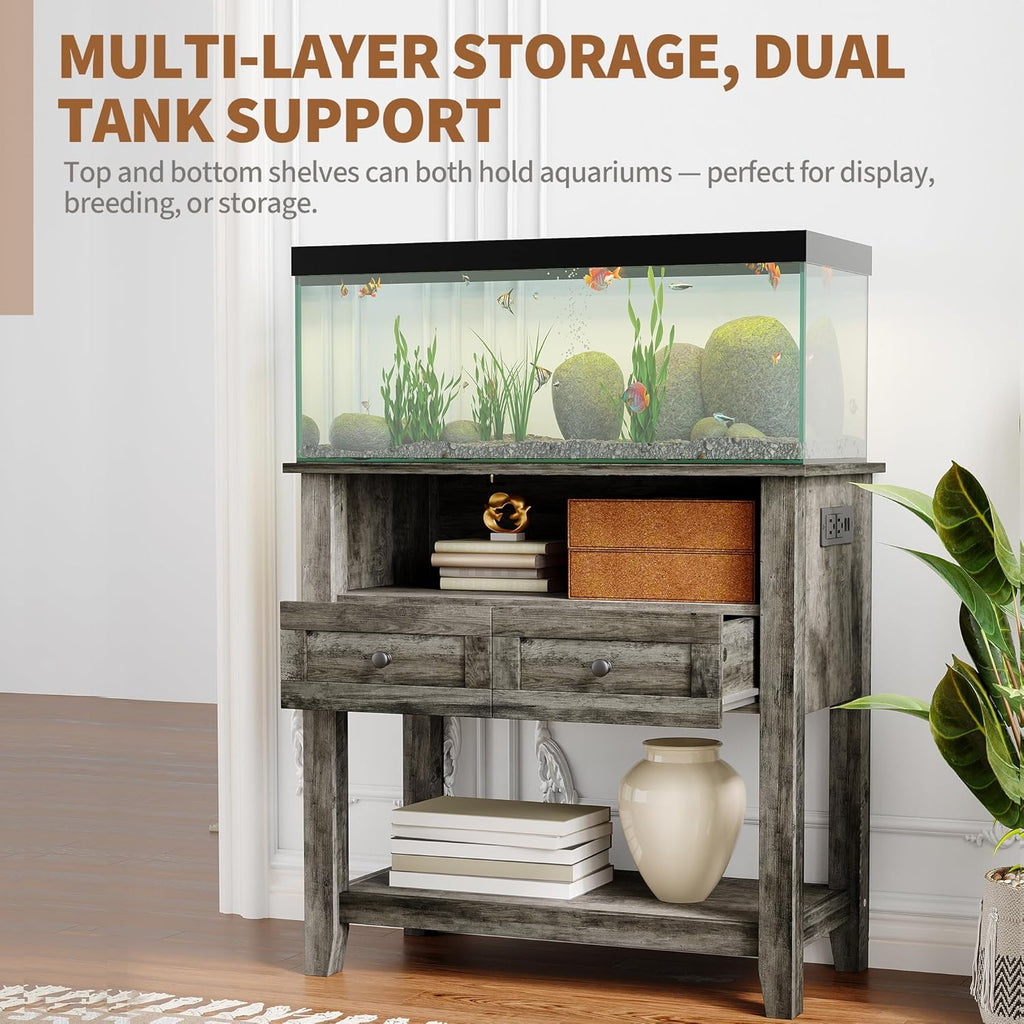 Garvee 20-29 Gallon Aquarium Stand with Charging Station, 660LBS Heavy Duty Fish Tank Stand with Drawers & Open Storage for Reptile Turtle Tank