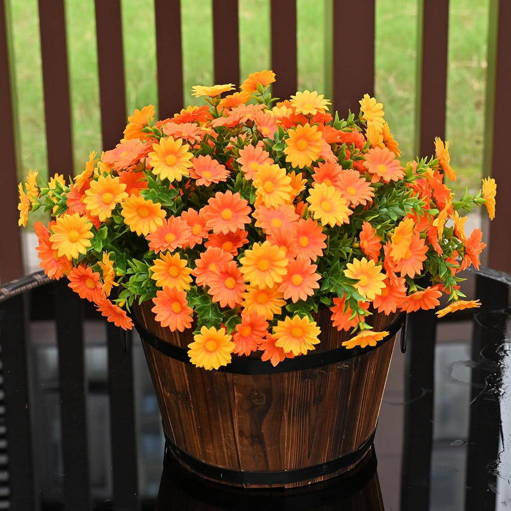 Artificial Fake Flowers Plants for Outdoor Decoration, Faux Flower Yellow Orange Daisy with Eucalyptus Leaves for Planter Front Door Porch Patio Balcony Decoration, 10 Bundles
