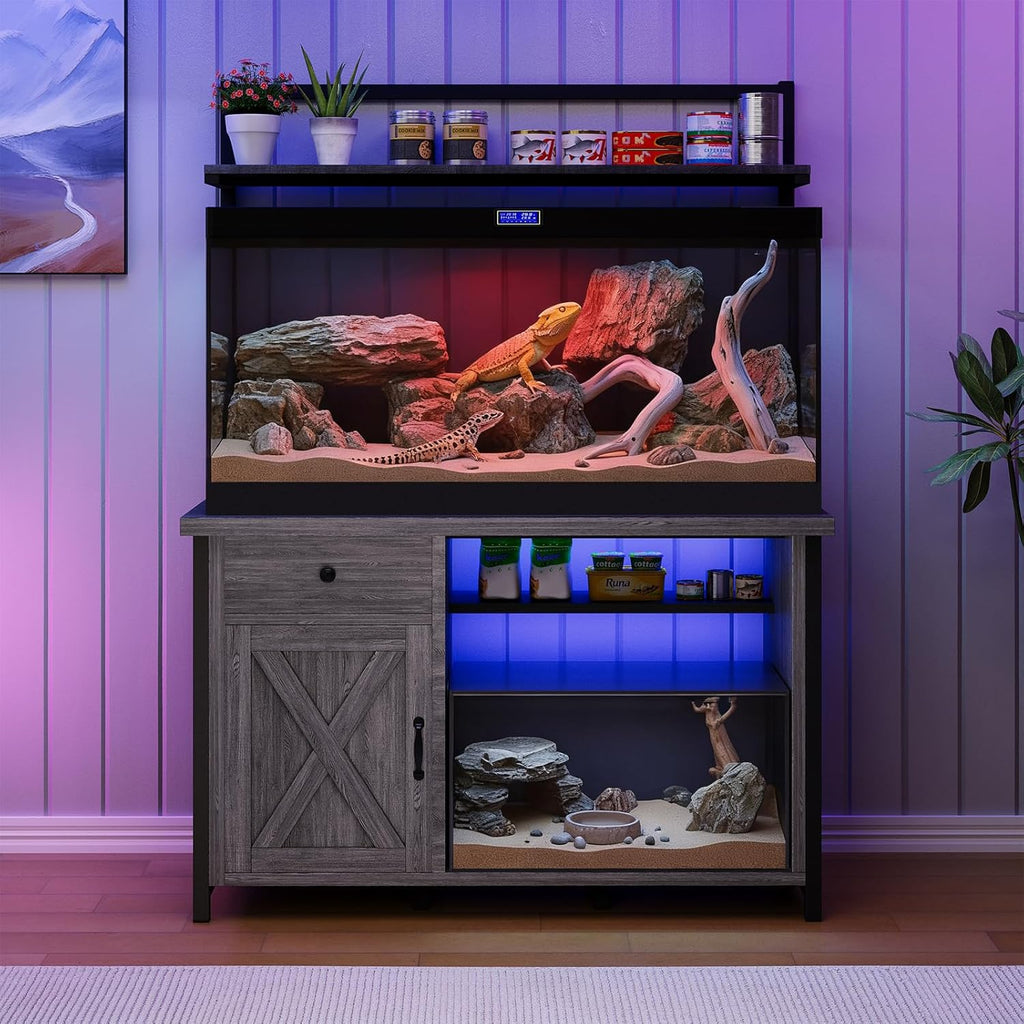 Reptile Tank Stand with Power Outlet, Terrarium Stand with Storage Cabinet, 49" X 20" Tabletop, Aquarium Stand with LED Lights, Reptile Terrarium,Turtle Tank (Gray)