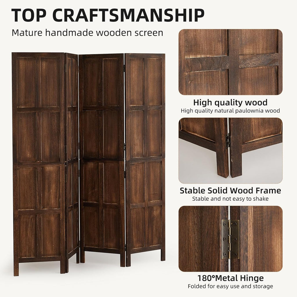 Wood 4 Panel Room Divider, 5.6Ft Detachable Folding Privacy Screen for Room Separation, 33.5" 2in1 Removable Short Wall Divider Screen for Home Office, Bedroom, Dog Gate for Isolate Dog-Brown
