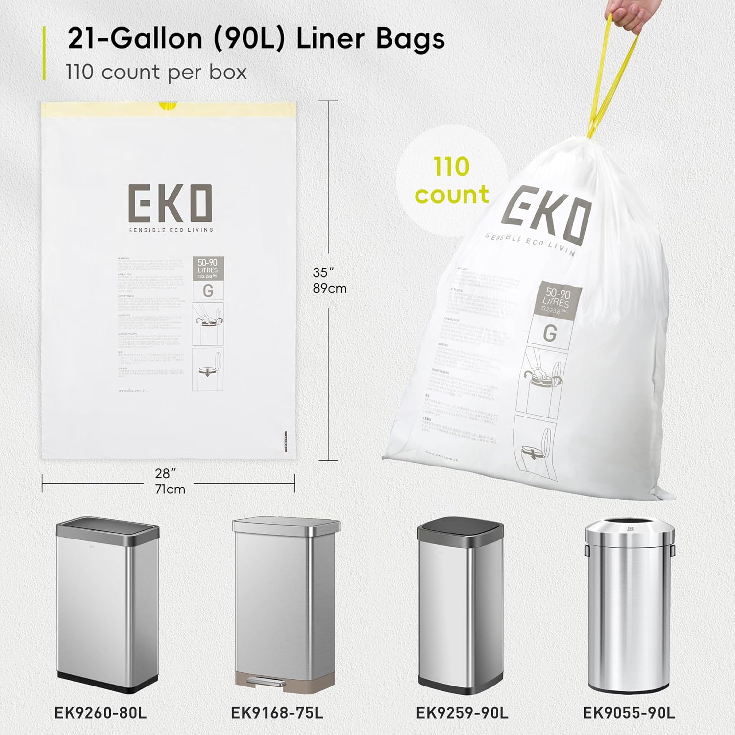 EKO 21 Gallon / 50-90 Liter,110 CountDrawstring Trash Bags, Extra-Strong Unscented Garbage Bags, Easy-Dispense Roll for Kitchen & Household Use, Resists Tears, Leaks and Punctures, Code G, White