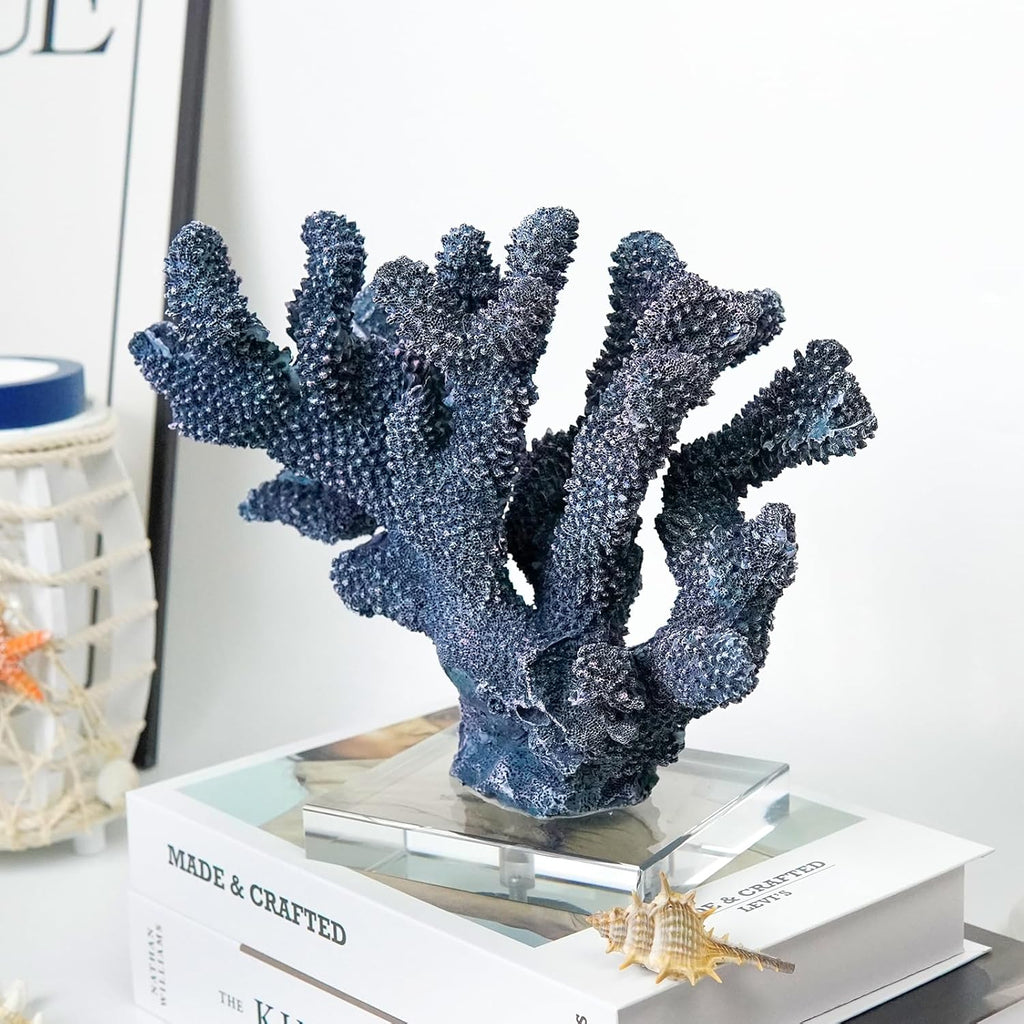 Coral Reef Beach Decor,9'' Width x 8'' High Artificial Resin Coral Reef Statue Decoration for Ocean Coastal Beach Nautical Themed Room Bathroom Decor for Home,RB1004B,Blue