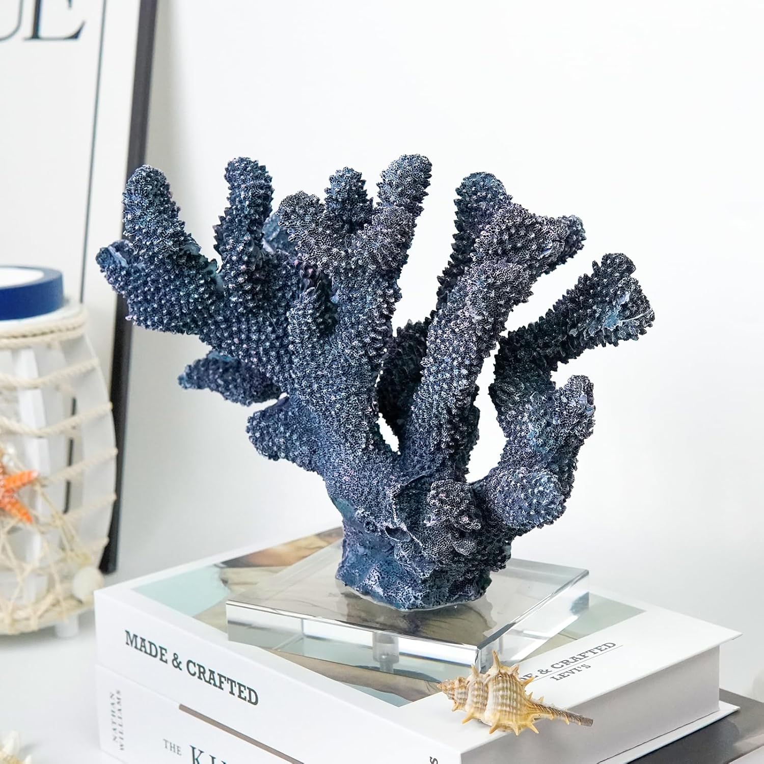 Coral Reef Beach Decor,9'' Width x 8'' High Artificial Resin Coral Reef Statue Decoration for Ocean Coastal Beach Nautical Themed Room Bathroom Decor for Home,RB1004B,Blue
