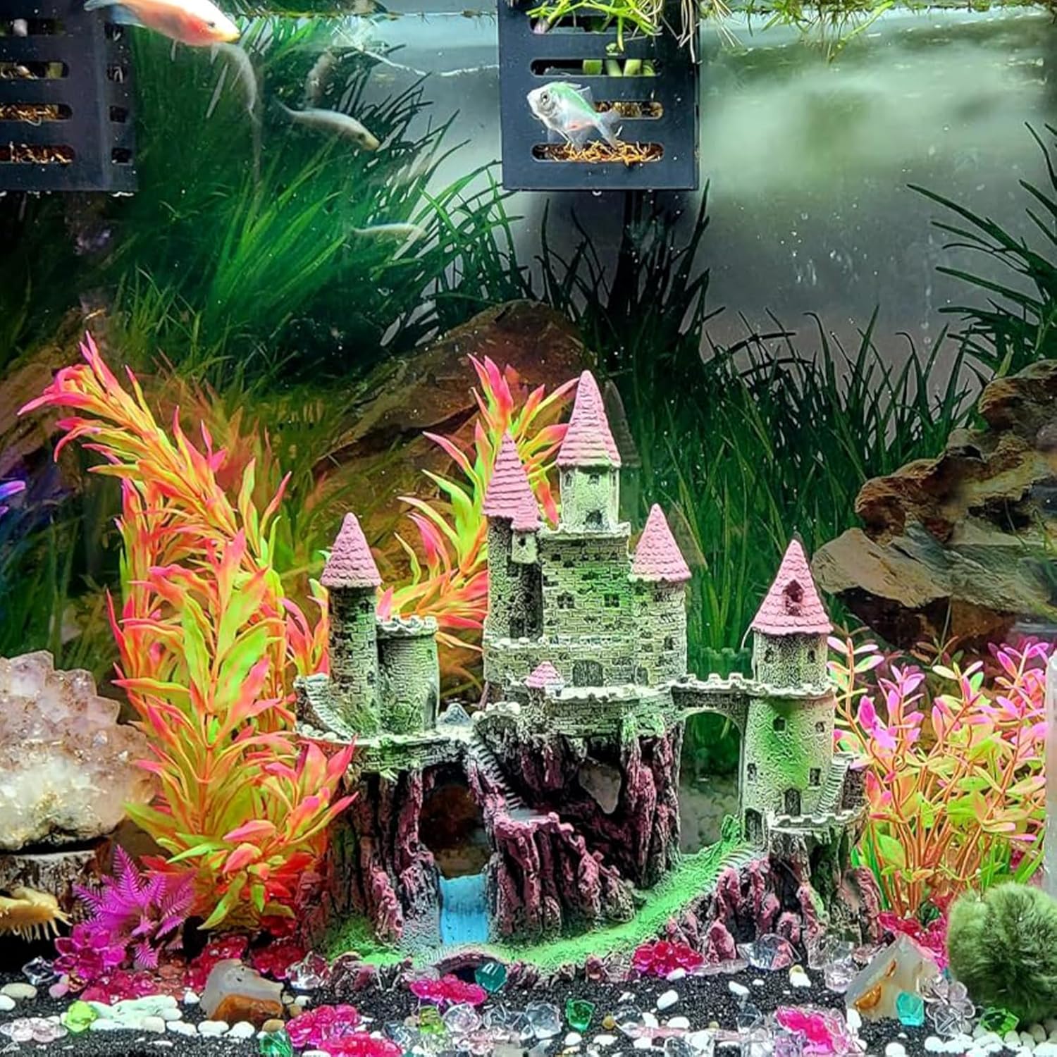 Aquarium Castle Decorations, Resin Castle for Fish Tank with Randomly Color Plants Decor Accessories for Freshwater and Saltwater Fish Tanks (Pink)