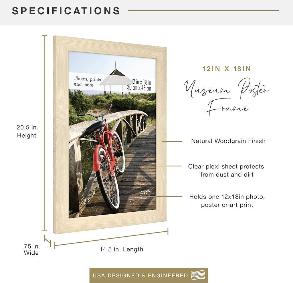 MCS Museum Poster Frame 12x18 Natural Woodgrain, Vertical & Horizontal Wall Hanging Large Picture Frame for Photos, Posters & Art Prints (1-Pack)