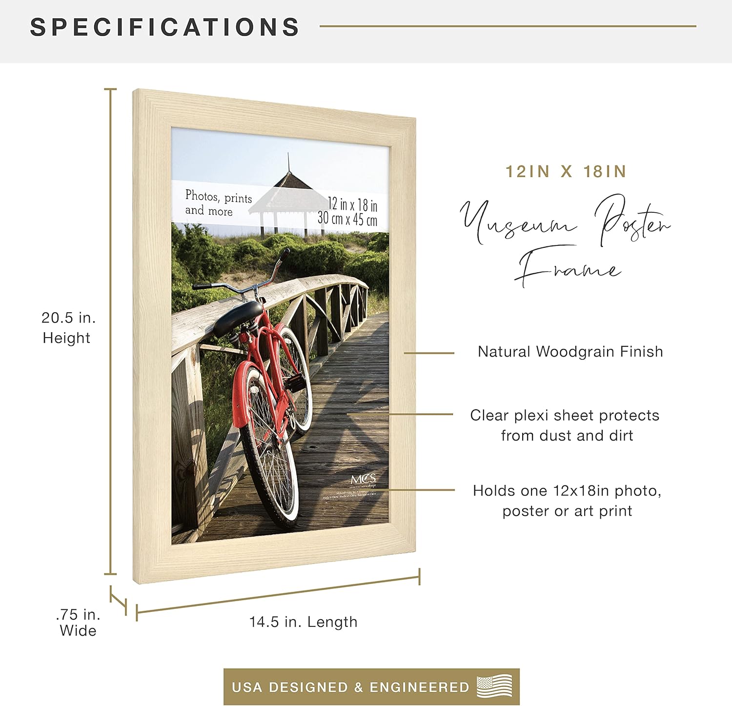 MCS Museum Poster Frame 12x18 Natural Woodgrain, Vertical & Horizontal Wall Hanging Large Picture Frame for Photos, Posters & Art Prints (1-Pack)