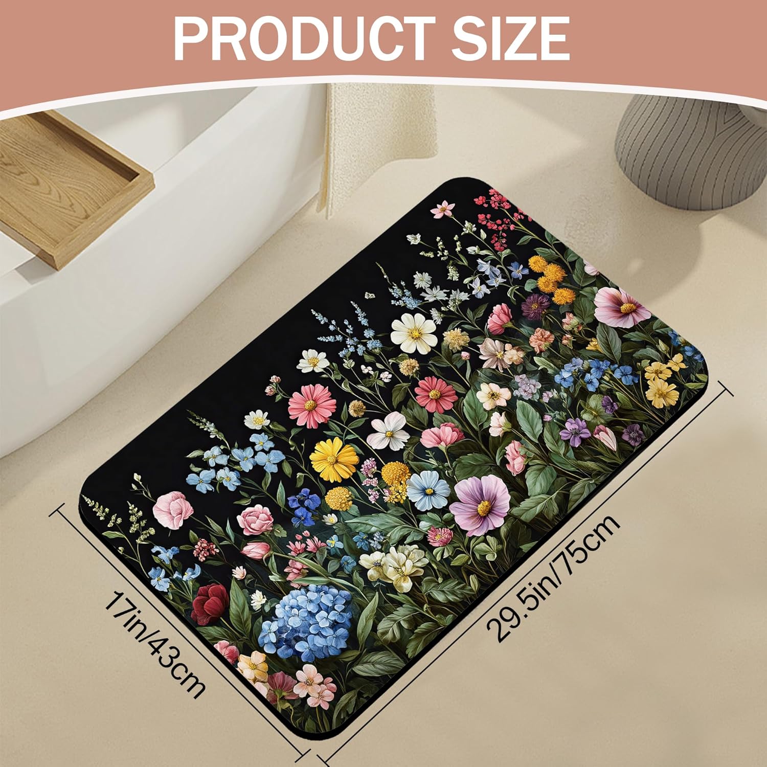Bath Mat,Wildflowers Bathroom Rugs,Quick-Drying Non-Slip Rubber Bath Mats Botanical Absorbent Diatomaceous Earth Mat for Bathroom Home Decor 17"x29.5"
