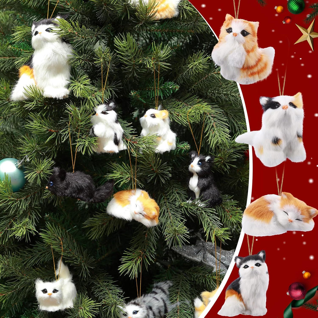 Skylety 10 Pieces Forest Animals Ornaments Woodland Animal Faux Fur Plush Hanging Ornaments Family Educational Playset for Fall, Christmas, Winter Birthday Party Supplies(Cats)