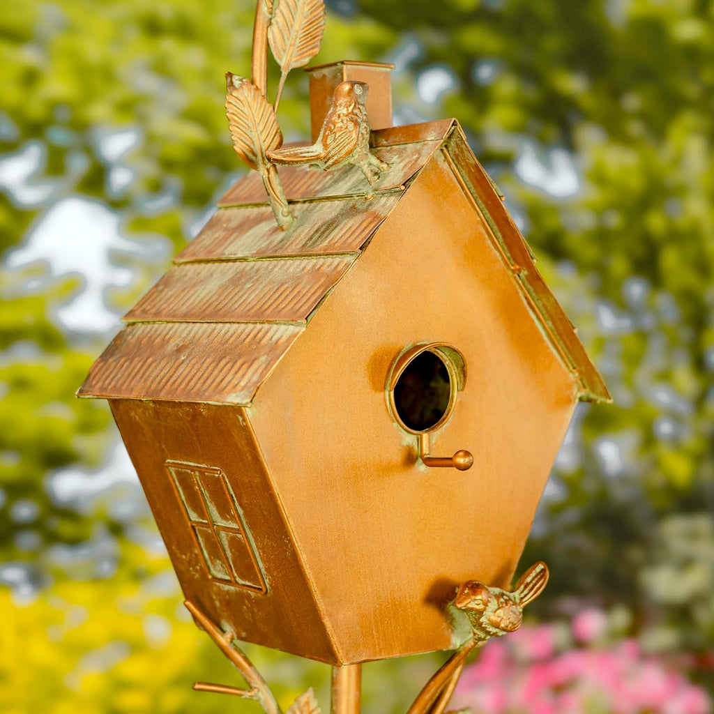 Copper Colored Fancy Design Birdhouse Garden Stakes (Short Classic House Shape)