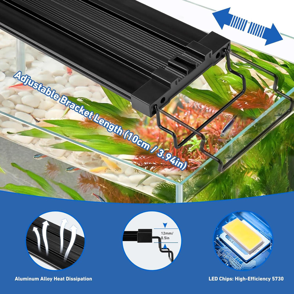 LED Aquarium Light for 18–24 Inch Fish Tanks – Timer with Auto On/Off, 10-Level Brightness, White/Blue/Red+White Modes, Extendable Brackets & Hanging Design (Rope Not Included) (18-24inch)