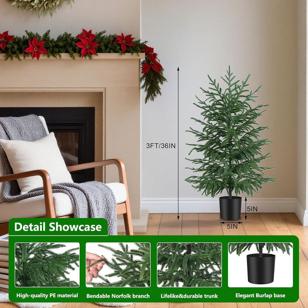 2 Pack 3FT Artificial Norfolk Pine Tree with Pot - UV Protection Faux Tree Fake Plants with PE Branch for Indoor Outdoor Home Front Porch Christmas Decor