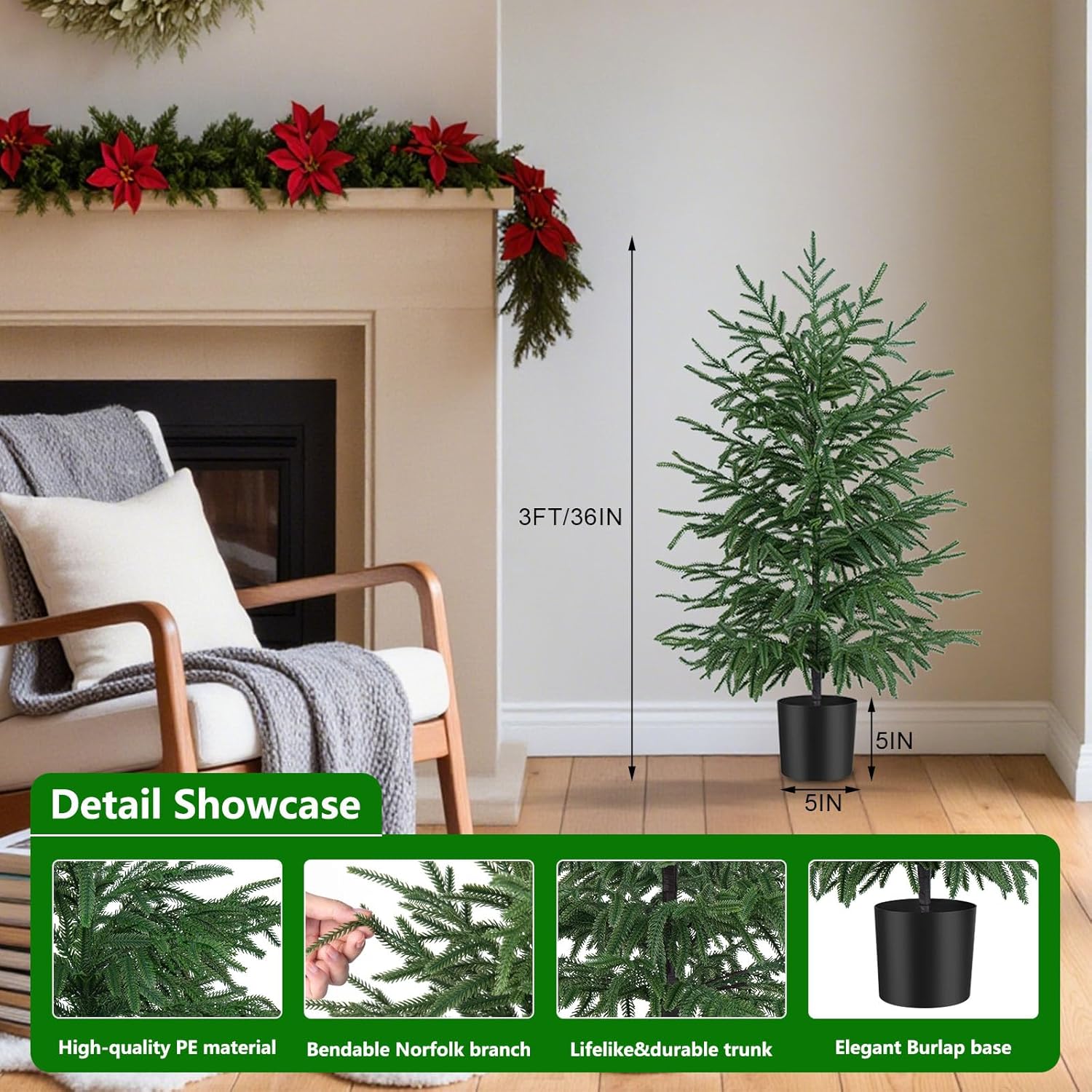 2 Pack 3FT Artificial Norfolk Pine Tree with Pot - UV Protection Faux Tree Fake Plants with PE Branch for Indoor Outdoor Home Front Porch Christmas Decor