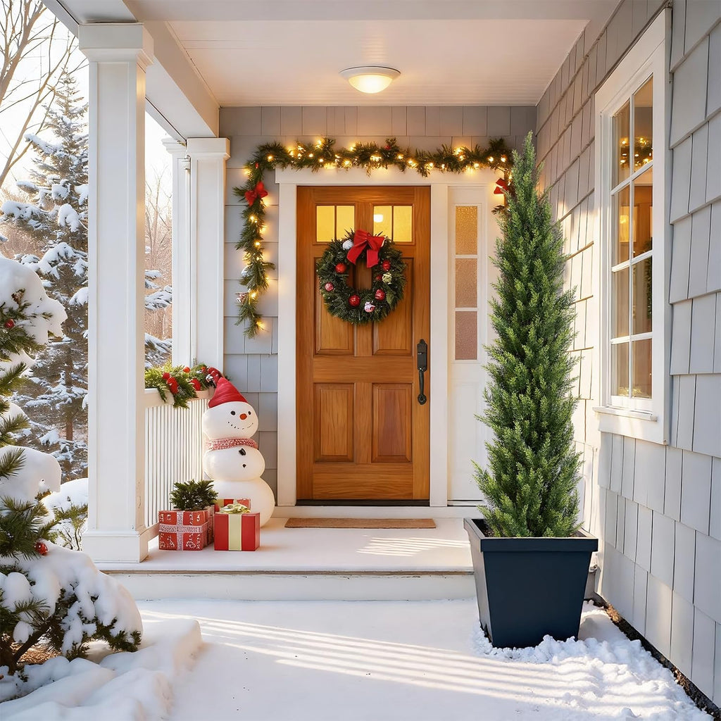 6FT Artificial Cedar Christmas Topiary Trees Set of 2 - Realistic Faux Pine Shrubs UV Resistant for Outdoor Planter Decor, 6 Feet Potted Fake Cypress Plants for Porch Front Door Patio UV Rated