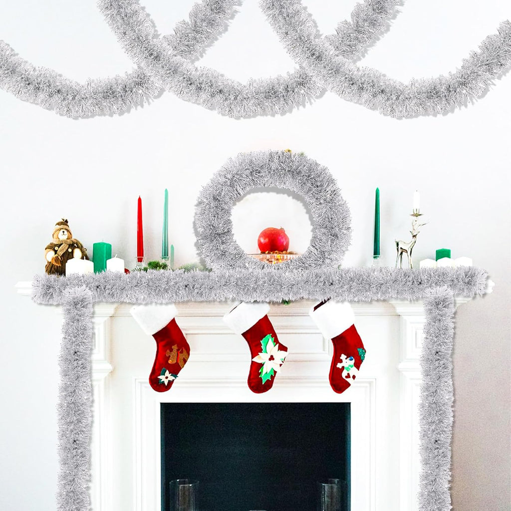 50 Feet Silver White Christmas Tinsel Garland Christmas Decorations, Thick Metallic Twist Shiny Hanging Tinsel Garlands for Xmas Tree Decor Stairs Mantle Fireplace Home Indoor Holiday Party Supplies
