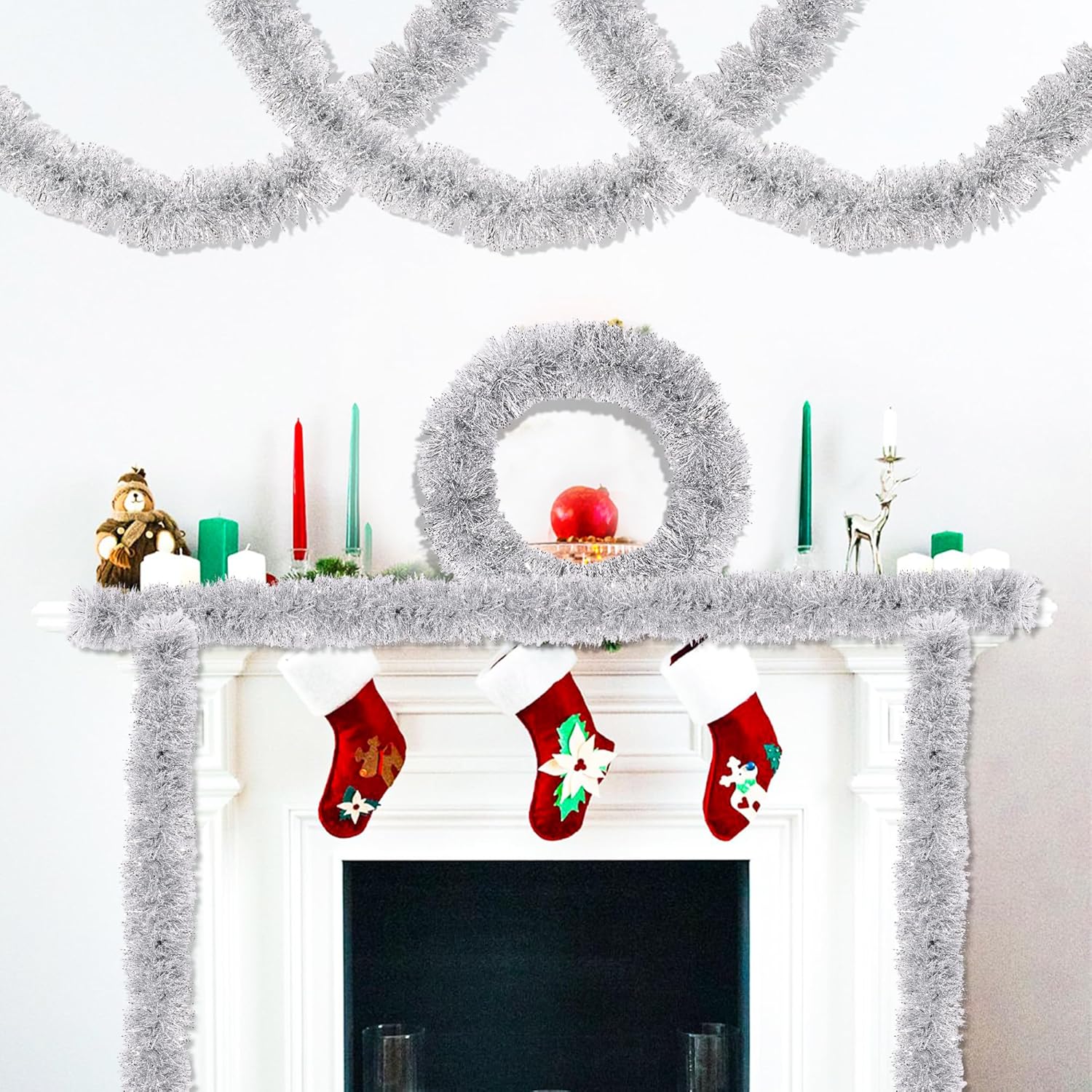 50 Feet Silver White Christmas Tinsel Garland Christmas Decorations, Thick Metallic Twist Shiny Hanging Tinsel Garlands for Xmas Tree Decor Stairs Mantle Fireplace Home Indoor Holiday Party Supplies