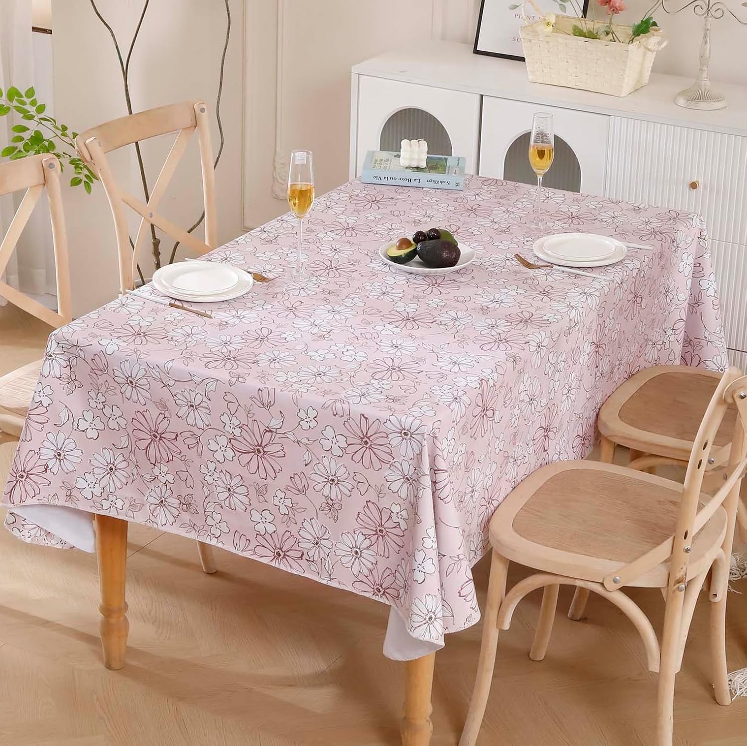 Heavy Duty Vinyl Tablecloth with Flannel Backing Waterproof Oil-Proof Plastic Table Cloth Stain-Resistant Wipeable Rectangle or Square Table Cover for Indoor and Outdoor (Red Flower,52x70 Inch)