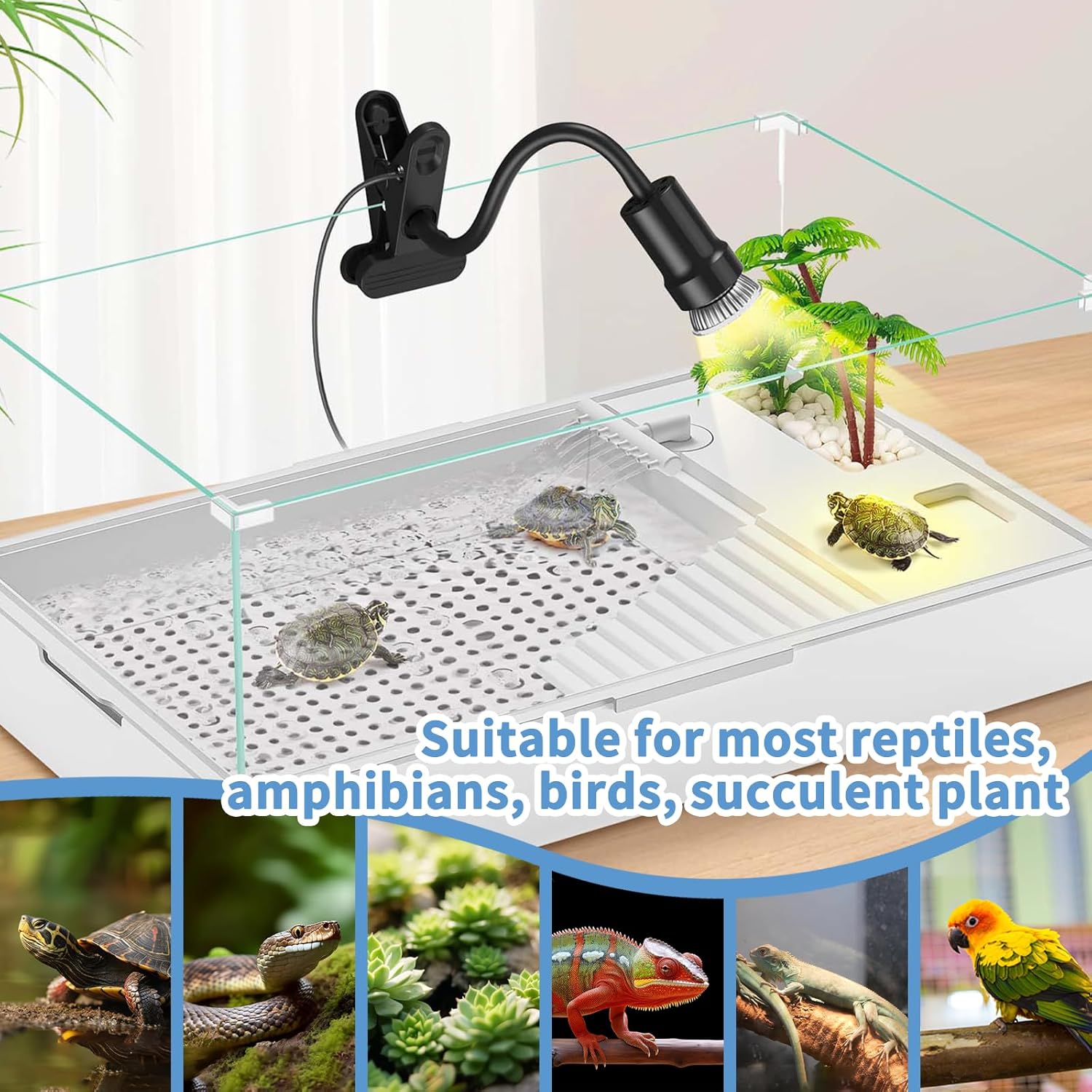 Reptile Heat Lamp, 360° Rotatable UVA/UVB Light Lamp with 2pcs Basking Bulbs (25W + 35W), Suitable for Snake, Lizard, Bearded Dragon, Reptiles, Turtle (Black)