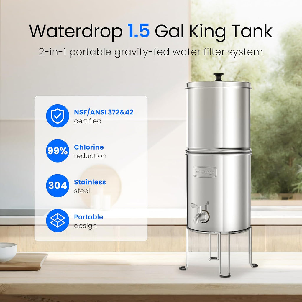 Waterdrop Gravity-fed Water Filtration System, NSF/ANSI 42&372 Certified Black Carbon Filters, Reduce Lead and Up to 99% Chlorine, with Stainless Steel Stand, 1.5 Gallons