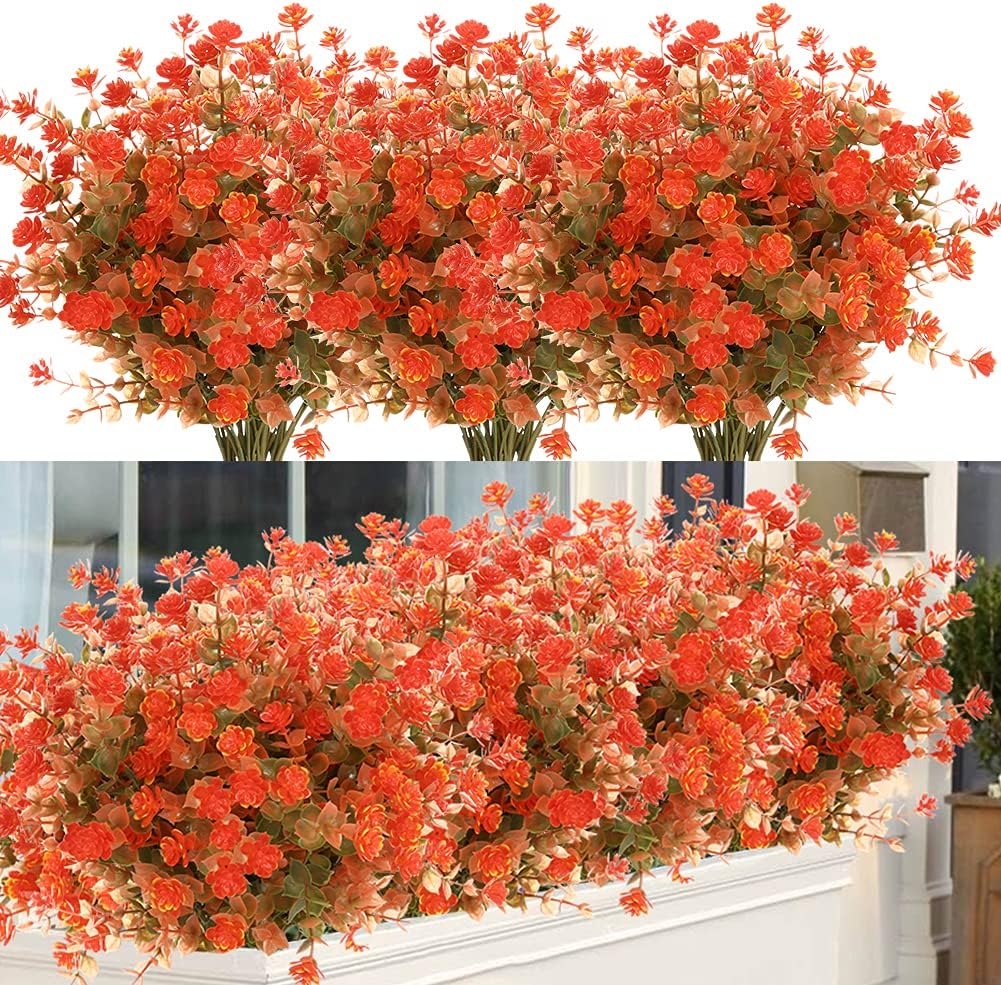 24 Bundles Artificial Fall Flowers No Fade Faux Autumn Plants, Fake Indoor Outdoor Greenery for Thanksgiving Christmas Wedding Party Home Garden Fireplace Décor (Tangerine)