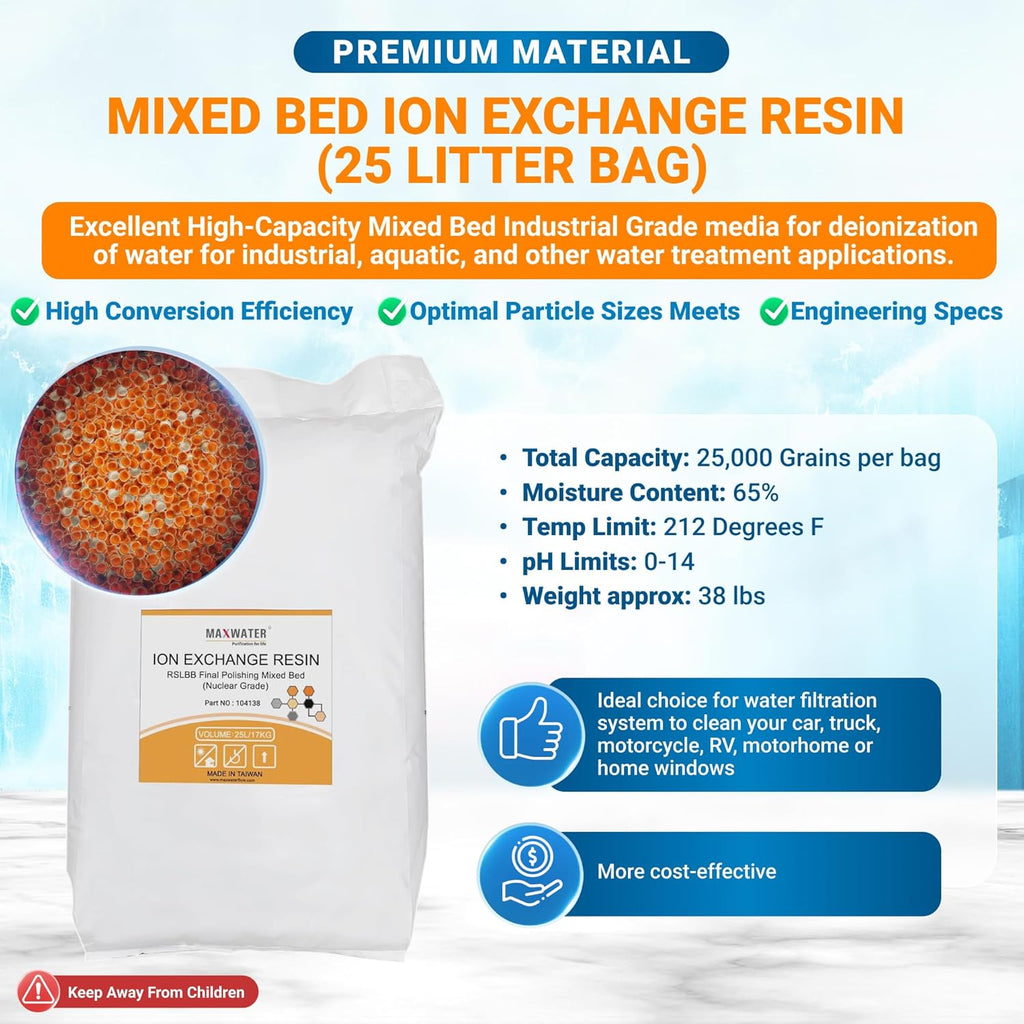 Max Water 25L Mixed Bed Virgin Grade Ion Exchange Deionization DI Resin Filter Cartridge Refill - Compatible with Water Filtration Systems for Car Wash and Aquarium RODI and Window Cleaning.