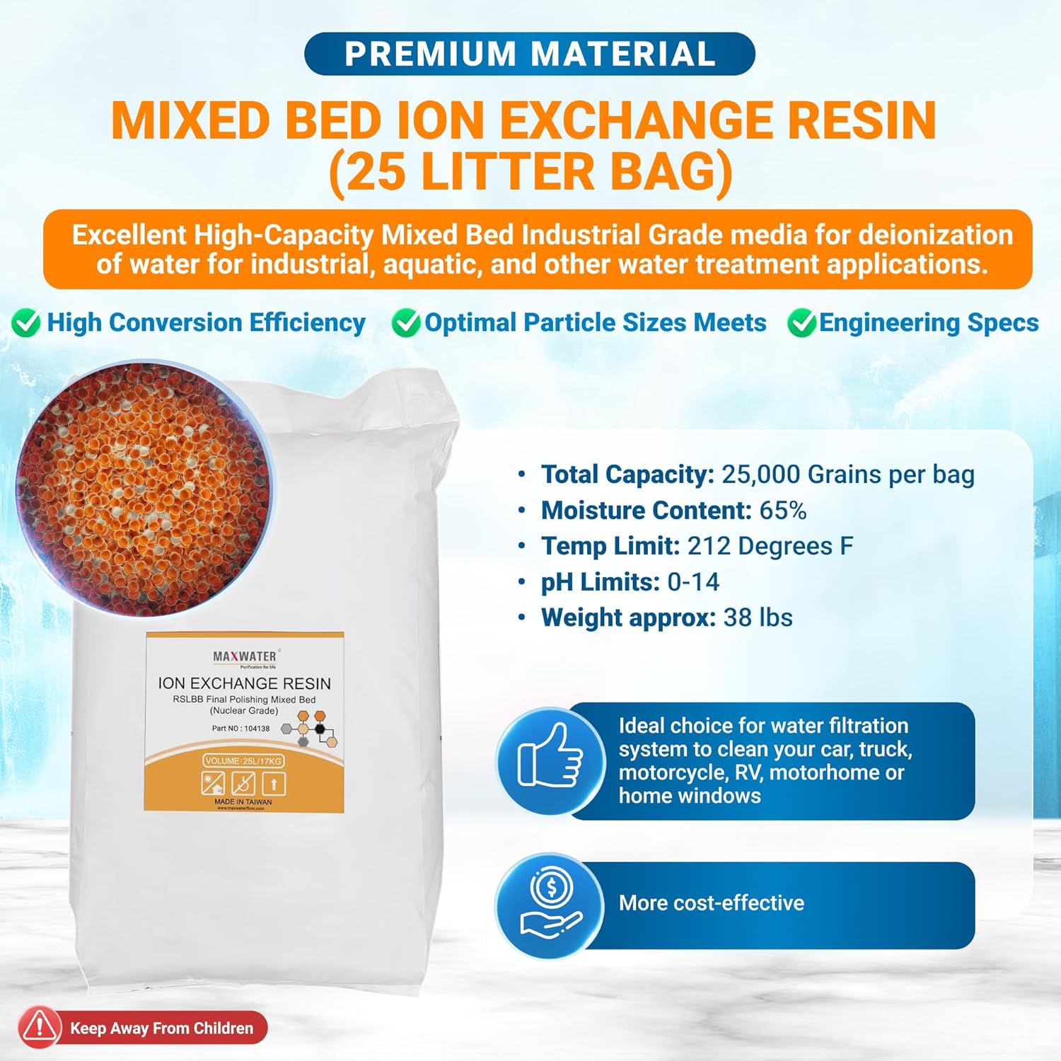 Max Water 25L Mixed Bed Virgin Grade Ion Exchange Deionization DI Resin Filter Cartridge Refill - Compatible with Water Filtration Systems for Car Wash and Aquarium RODI and Window Cleaning.
