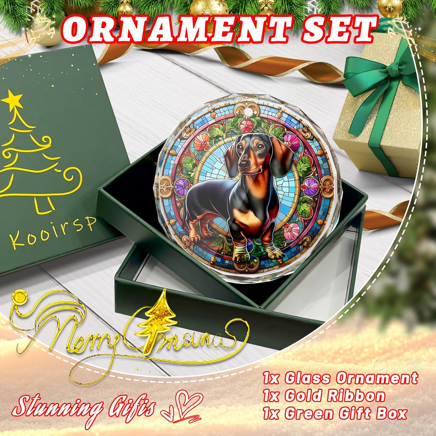 Dachshund Christmas Ornament - Stained Glass Dachshund for Tree, Gift Exchange