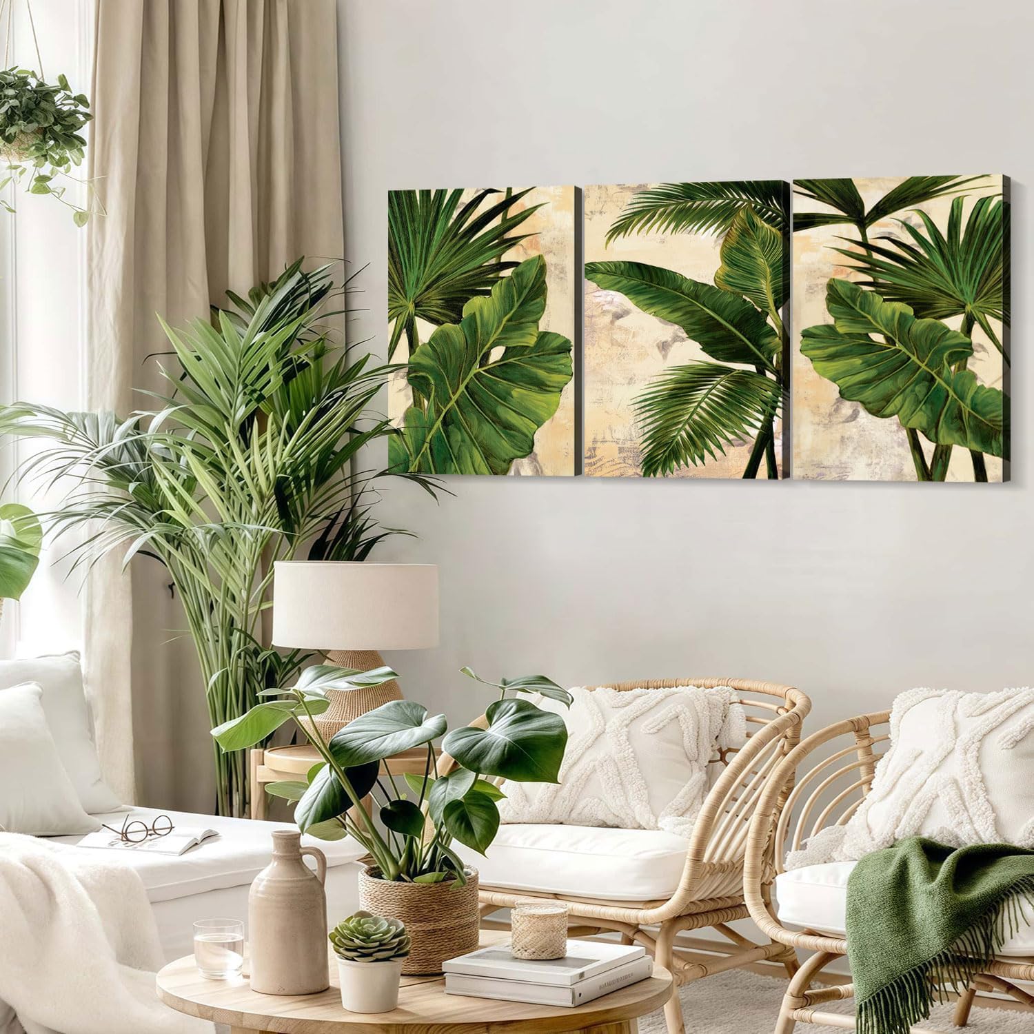 3pcs Framed Palm Leaves Banana Leaf Tropical Plants Wall Art Decor Canvas Print Nature Style Home Greenery Pictures Poster Gallery Bedroom Living Room Studio 16x24 Inch Ready to Hang