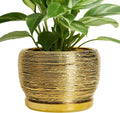 SQOWL Ceramic Flower Pot - 8 Inch Plant Pot Indoor Outdoor, Round Planter with Drainage Hole and Saucer, Decorative Modern Planter, Home Decor, Plant Lovers Gifts, Gold