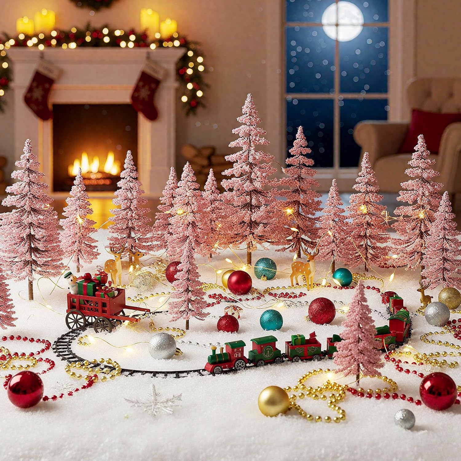 Skylety 35 Pieces Model Trees 1.2-6.3 Inch Mixed Miniature Trees Diorama Supplies Fake Plants Train Scenery Landscape Christmas Village Architecture DIY Crafts(Pink,Cedar)