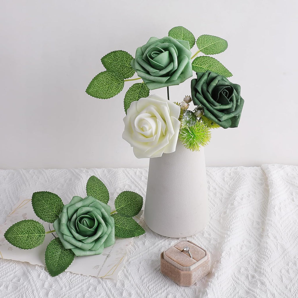 AmyHomie 25pcs Real Looking Artificial Shades of Forest Roses w/Stem for DIY Wedding Bouquets Centerpieces Arrangements Party Baby Shower Valentines Day Christmas Tree Decorations
