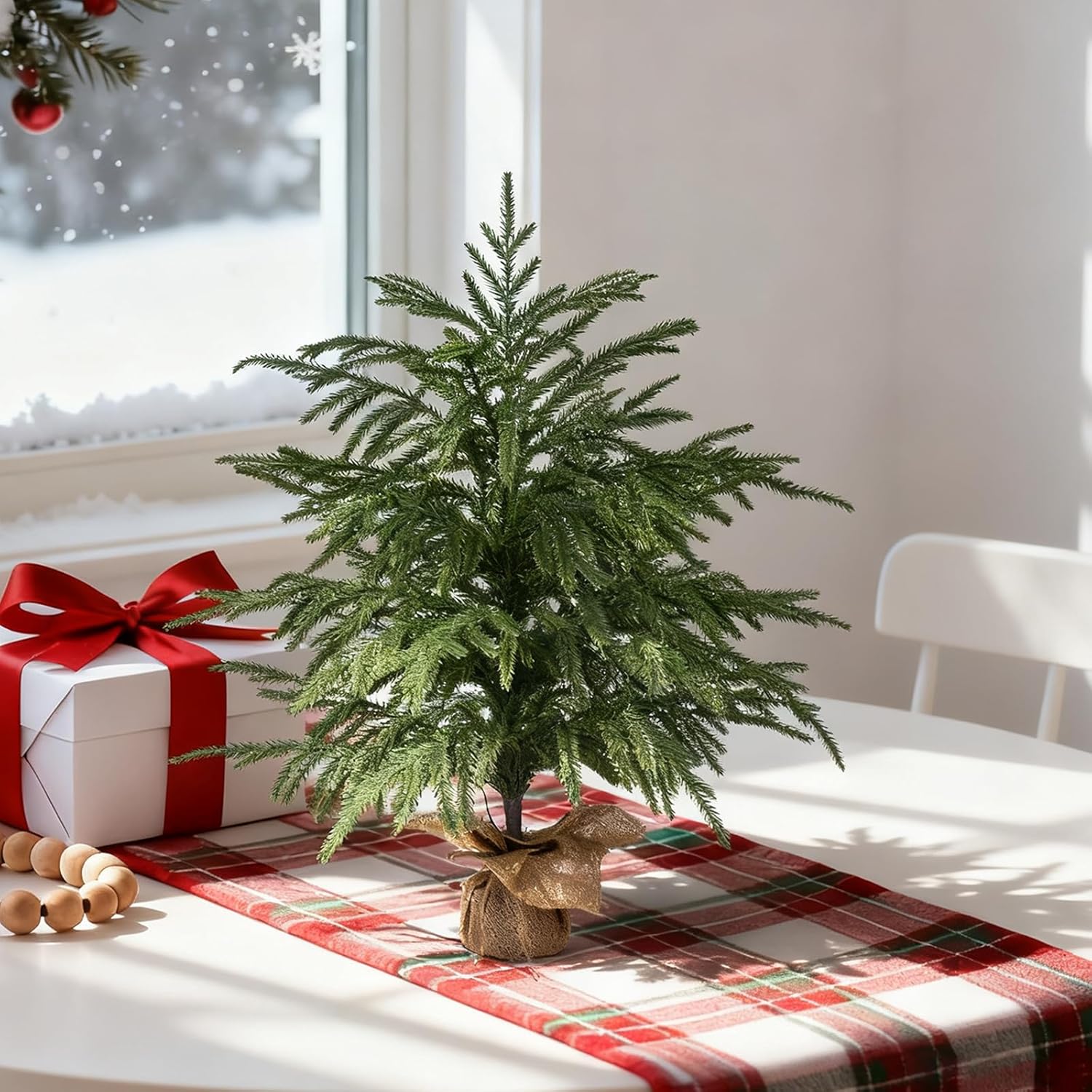 2FT Artificial Norfolk Pine Tree with Decorative Pot - Tabletop UV Protection Faux Tree Fake Plants with PE Branch for Indoor Outdoor Home Front Porch Christmas Decor