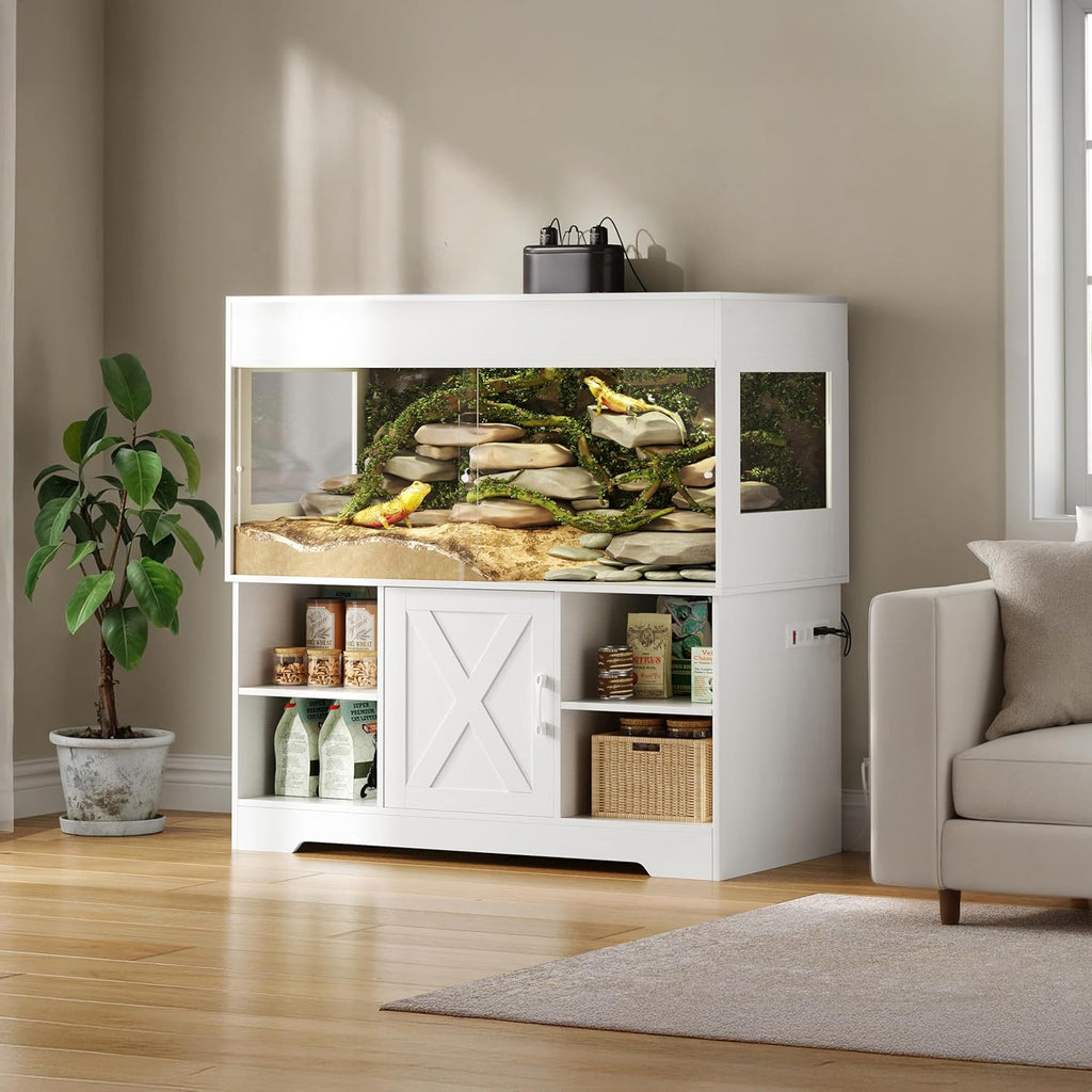 120 Gallon Terrarium with Stand, 4x2x2 Reptile Enclosure Tank for Bearded Dragons Snakes Lizards, Large Vivarium Habitat with Storage & Power Strip White PX07RTW