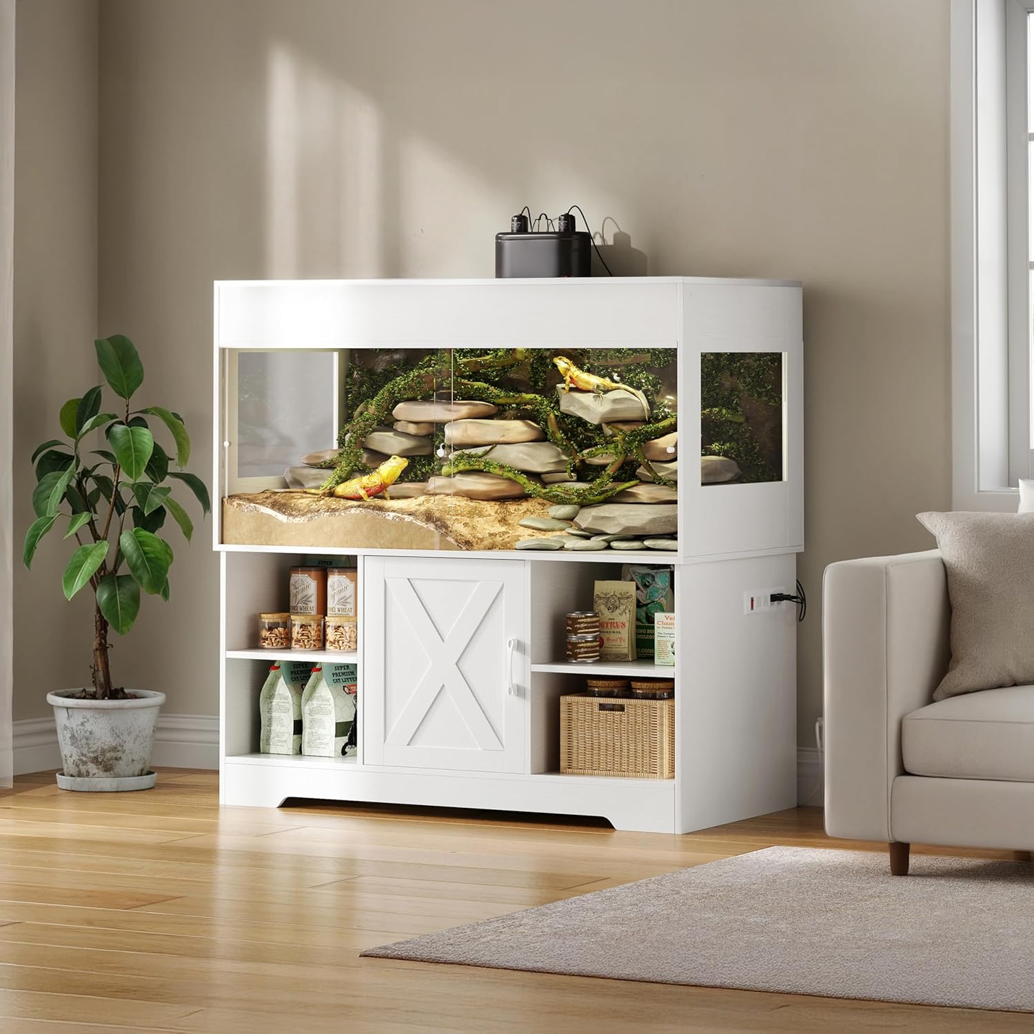 120 Gallon Terrarium with Stand, 4x2x2 Reptile Enclosure Tank for Bearded Dragons Snakes Lizards, Large Vivarium Habitat with Storage & Power Strip White PX07RTW