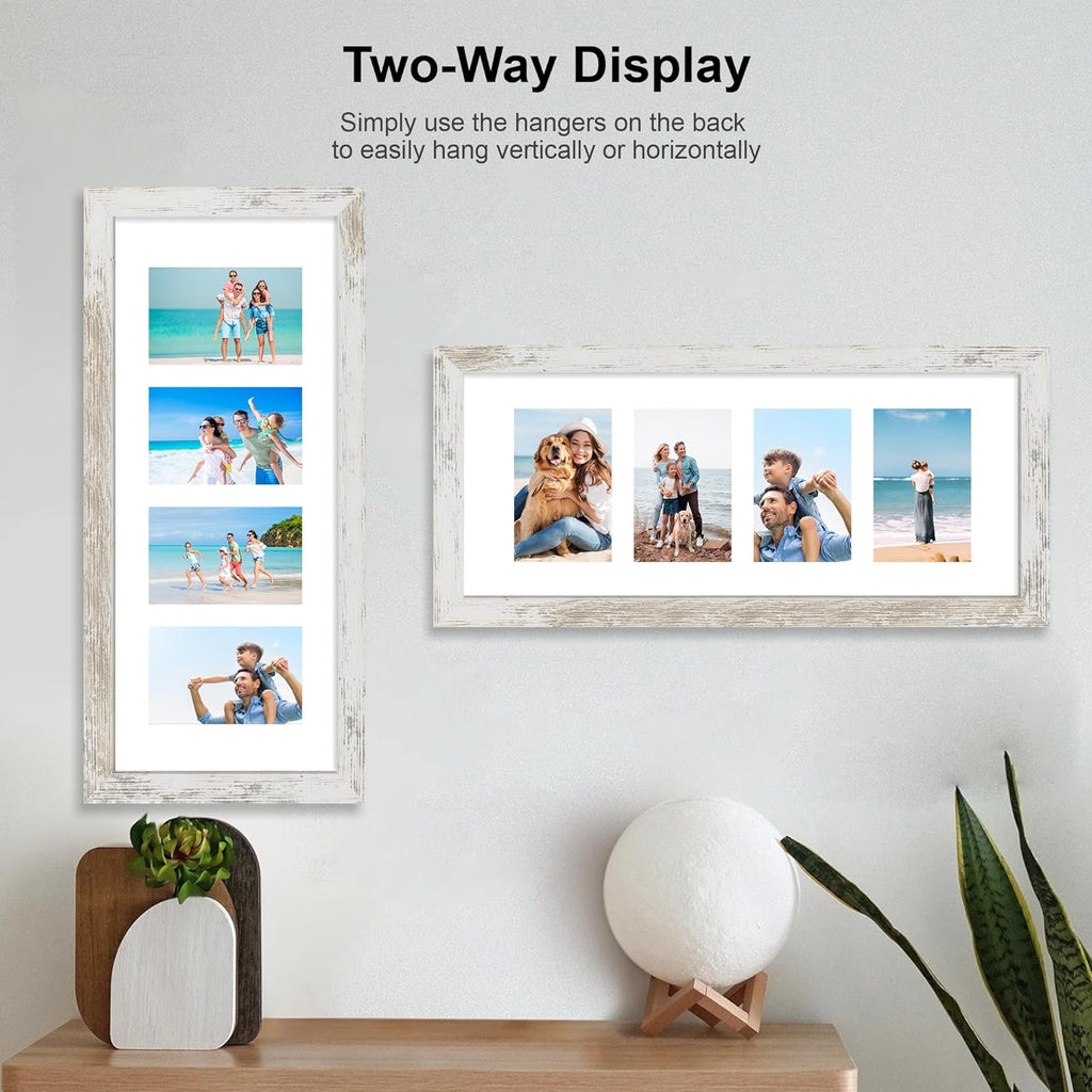 8x20 Picture Frame Set of 2, Distressed White Wood Frame with Tempered Glass Collage Frame, Display Pictures Four 4x6 With Mat or 8 x 20 Without Mat - Horizontal or Vertical Wall Mounting