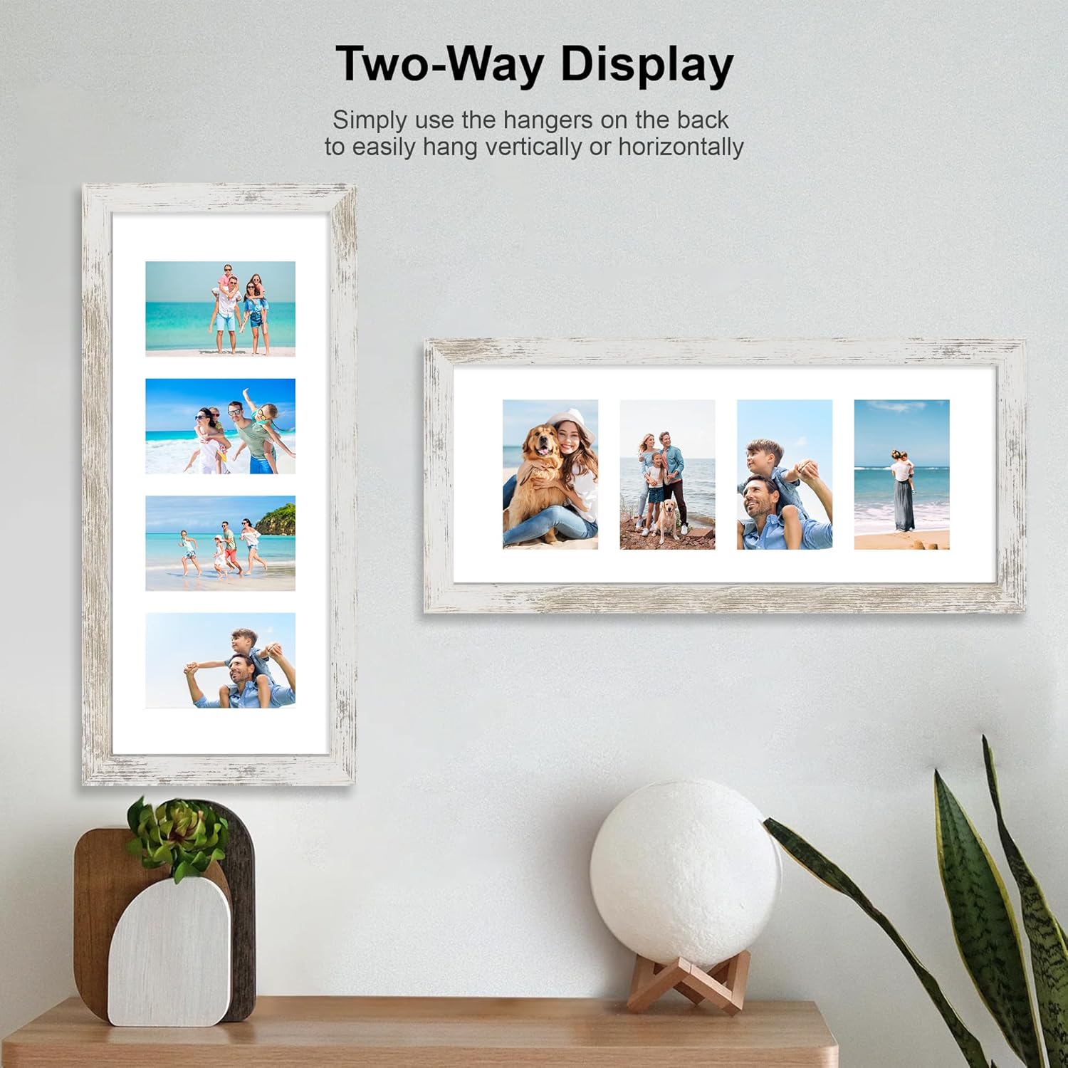 8x20 Picture Frame Set of 2, Distressed White Wood Frame with Tempered Glass Collage Frame, Display Pictures Four 4x6 With Mat or 8 x 20 Without Mat - Horizontal or Vertical Wall Mounting