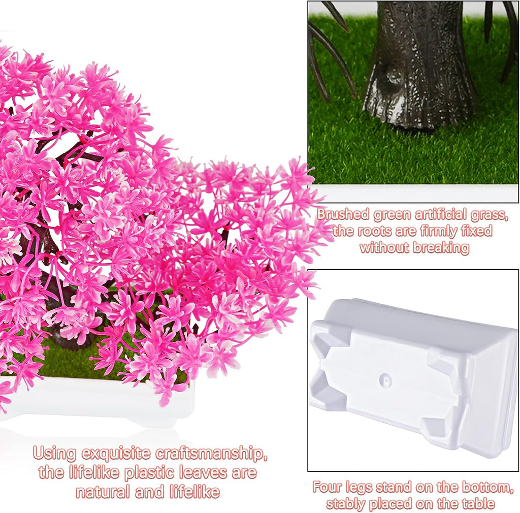 Mini Artificial Bonsai Tree Plants with Plastic Cement Pots for Home Office Décor (Rose Red)