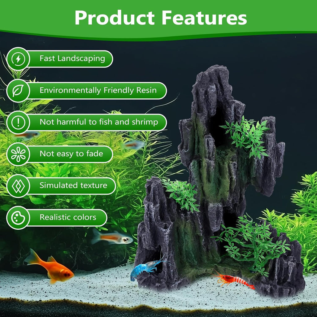 Large Rockery Aquarium Decoration Resin - Mountain View Stone Fish Tank Ornament with Small Caves-Approx. 9.7" L x 5.9" W x 11.8" H(Rockery)