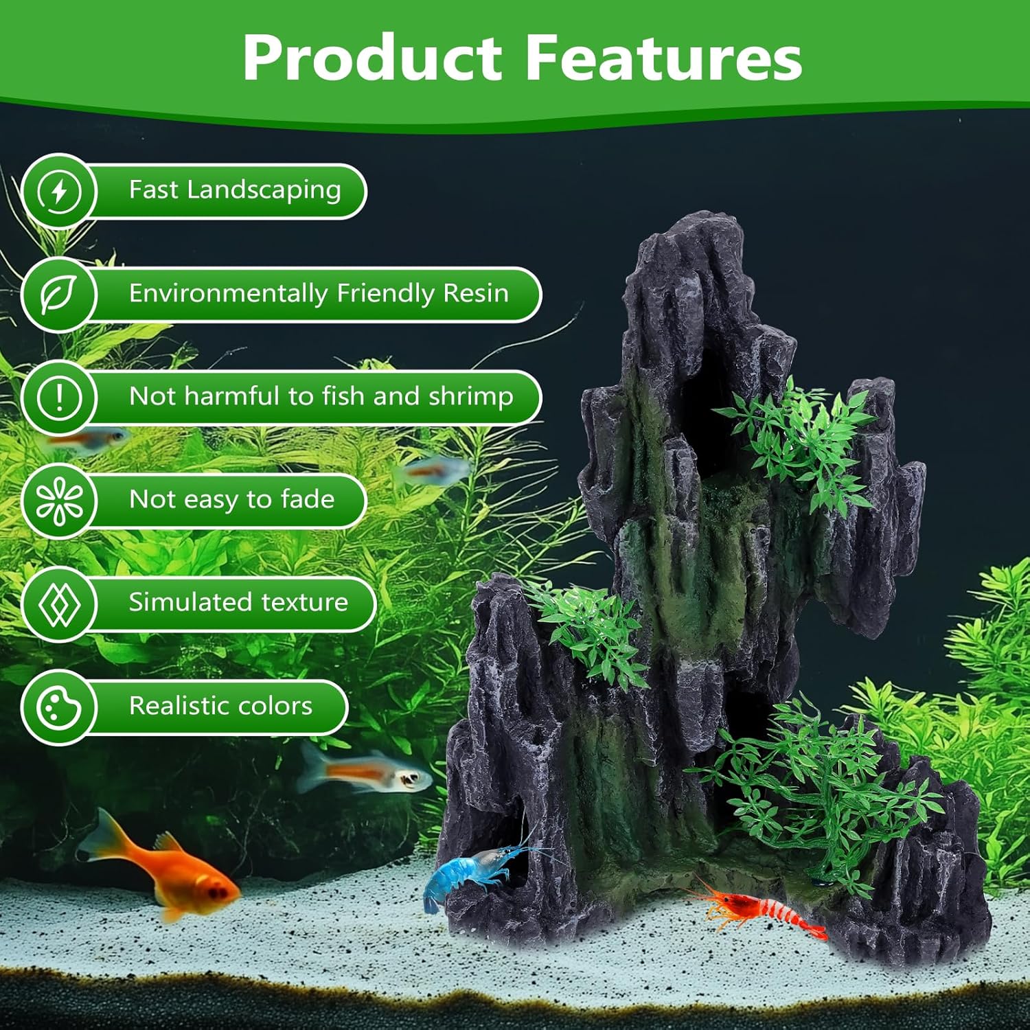 Large Rockery Aquarium Decoration Resin - Mountain View Stone Fish Tank Ornament with Small Caves-Approx. 9.7" L x 5.9" W x 11.8" H(Rockery)