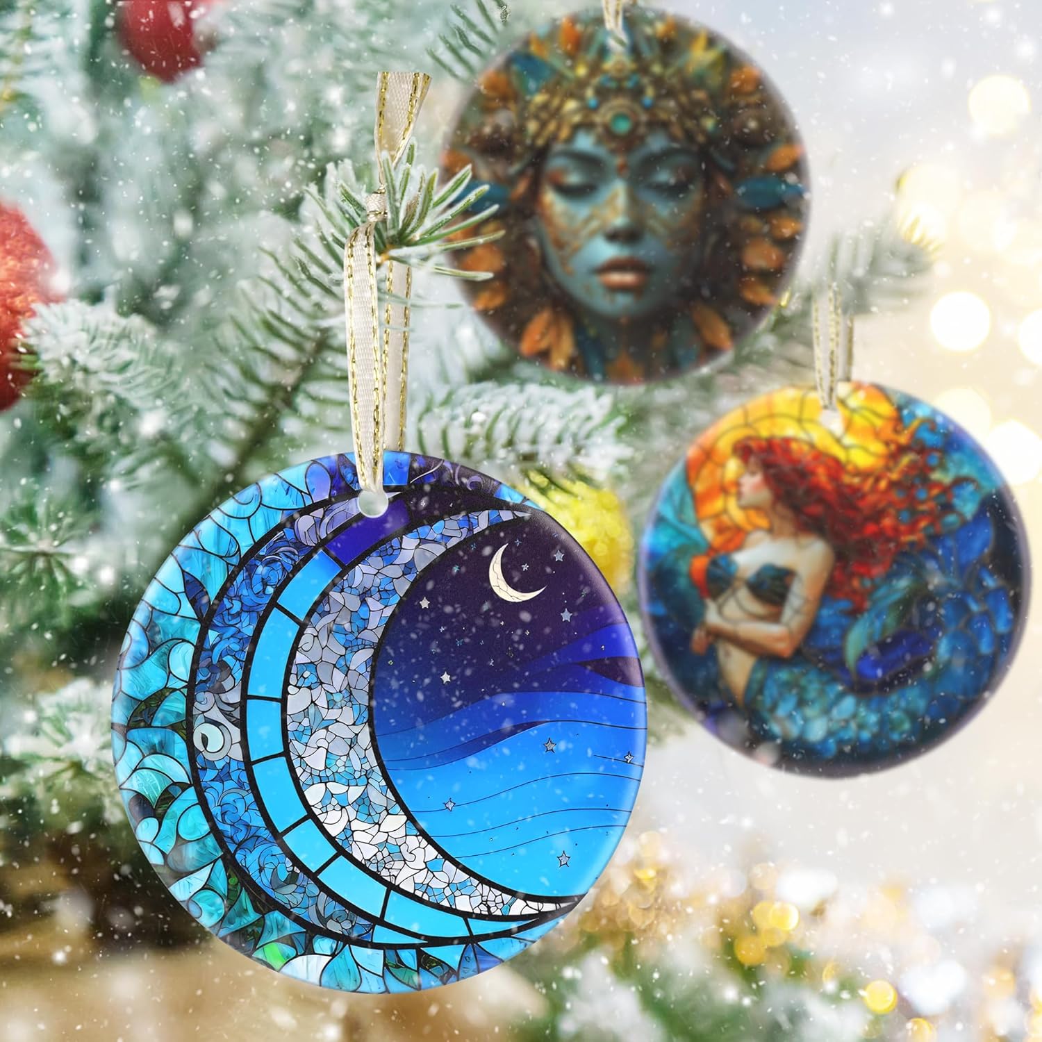 3.5 Inch Ceramic Christmas Tree Ornament, Blue Moonlight Christmas Ornaments, Heirloom Keepsake, Gift Exchange, Gift Idea, Bauble Present