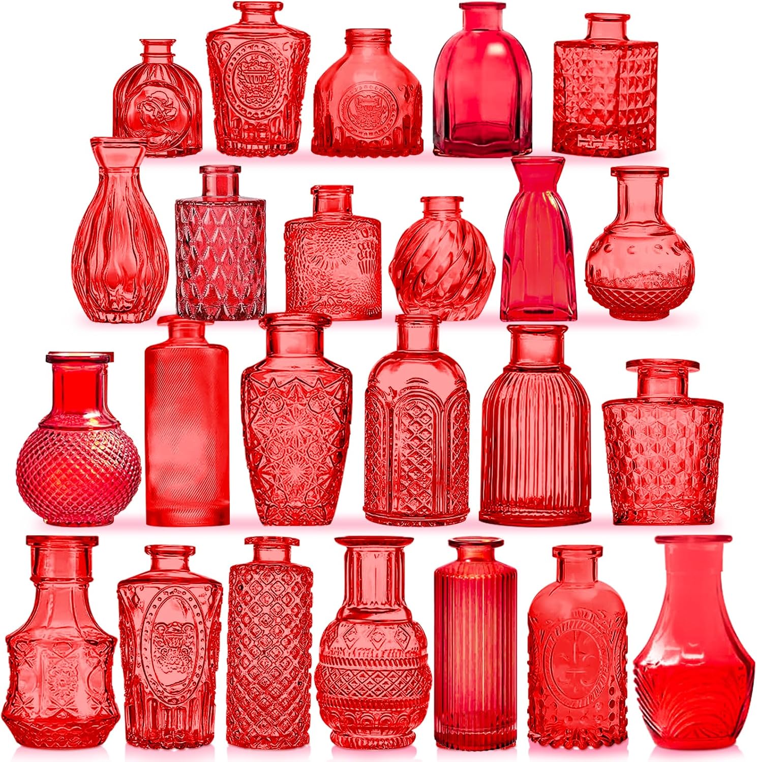 Red Glass Bud Vases Set, 24 Pcs Vintage Small Vases for Flowers, Crystal Mini Glasses in Bulk, Small Flower Design for Centerpieces Wedding Decorations Home Flower Party Decor