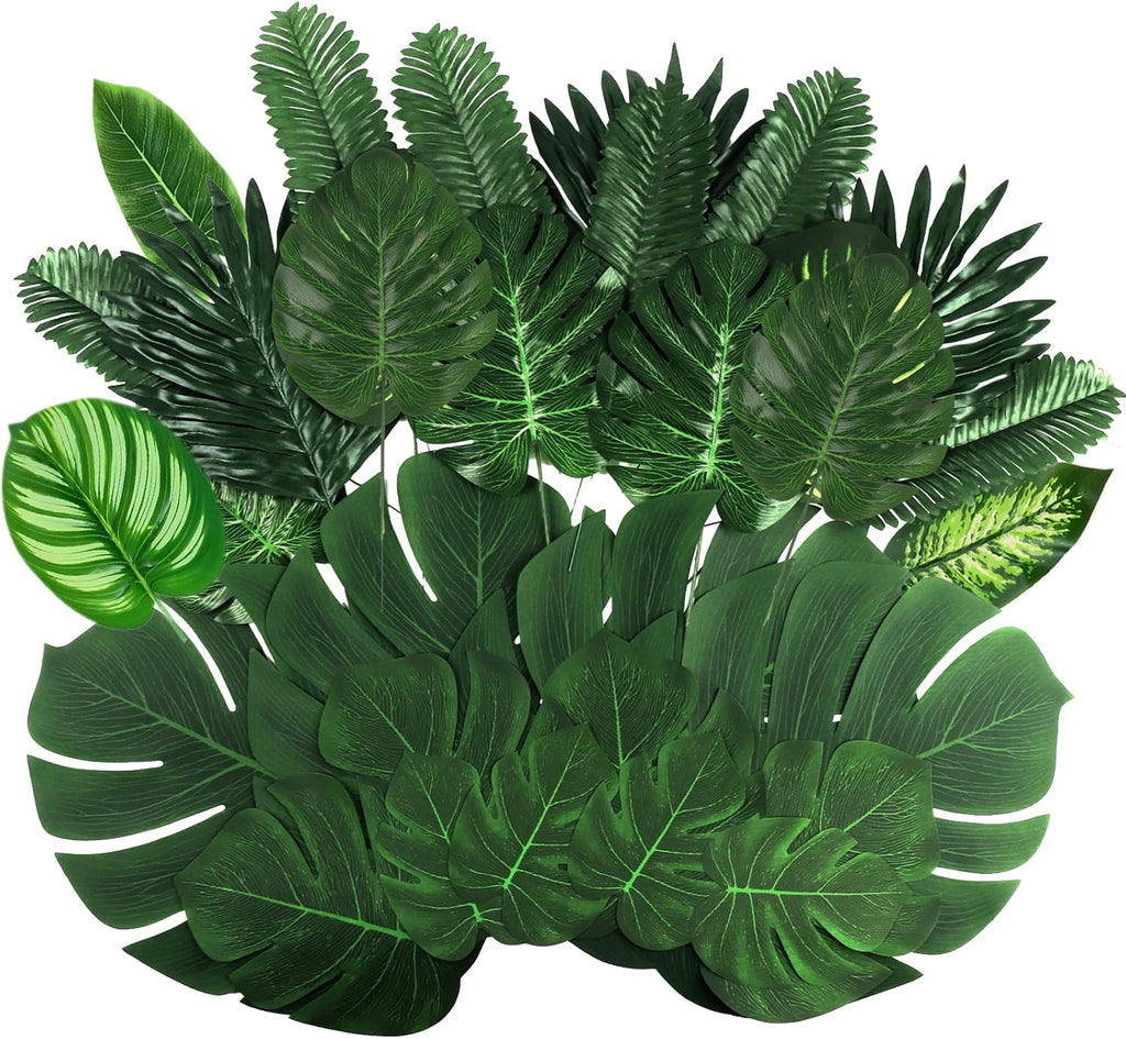 106Pieces 10 Kinds Artificial Palm Leaves Tropical Leaves with Stems Jungle Leaves Decorations for Hawaiian Luau Party Beach Baby Shower Wedding Birthday