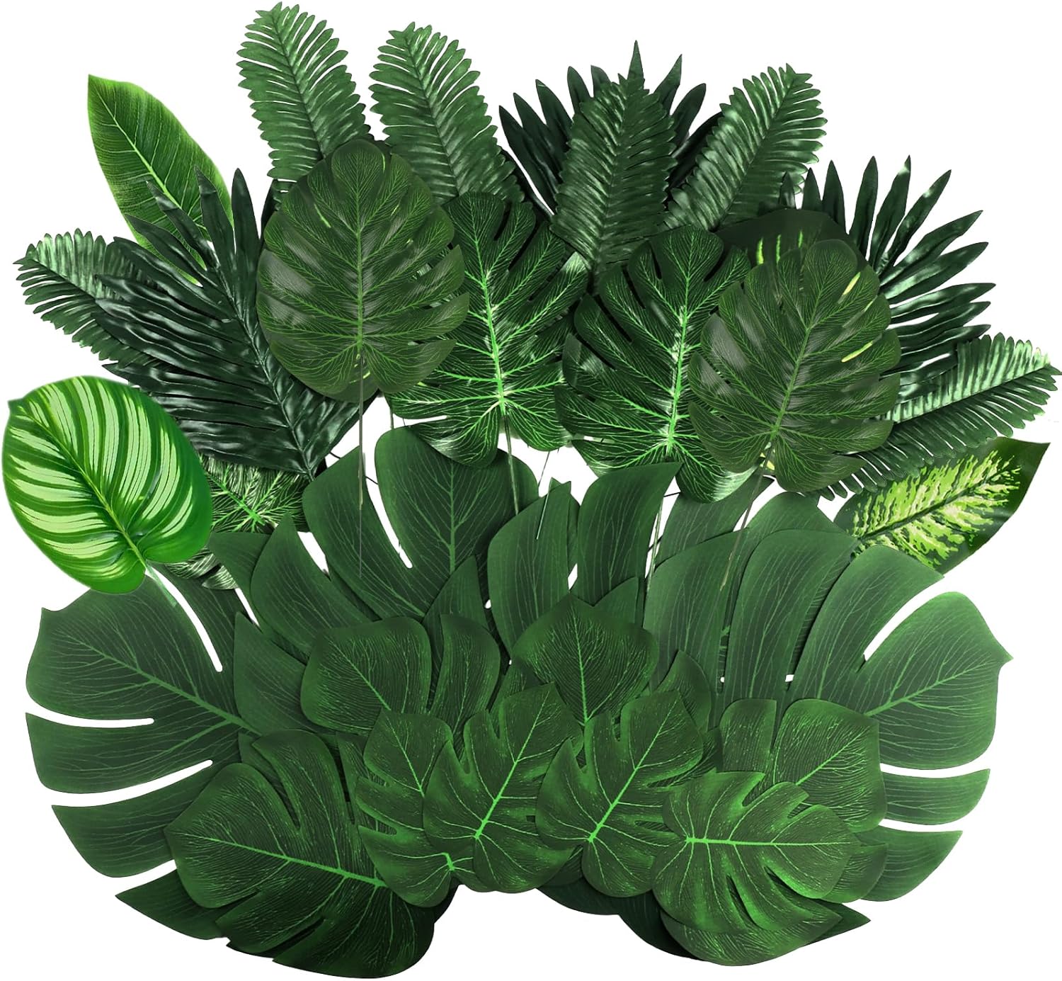 106Pieces 10 Kinds Artificial Palm Leaves Tropical Leaves with Stems Jungle Leaves Decorations for Hawaiian Luau Party Beach Baby Shower Wedding Birthday