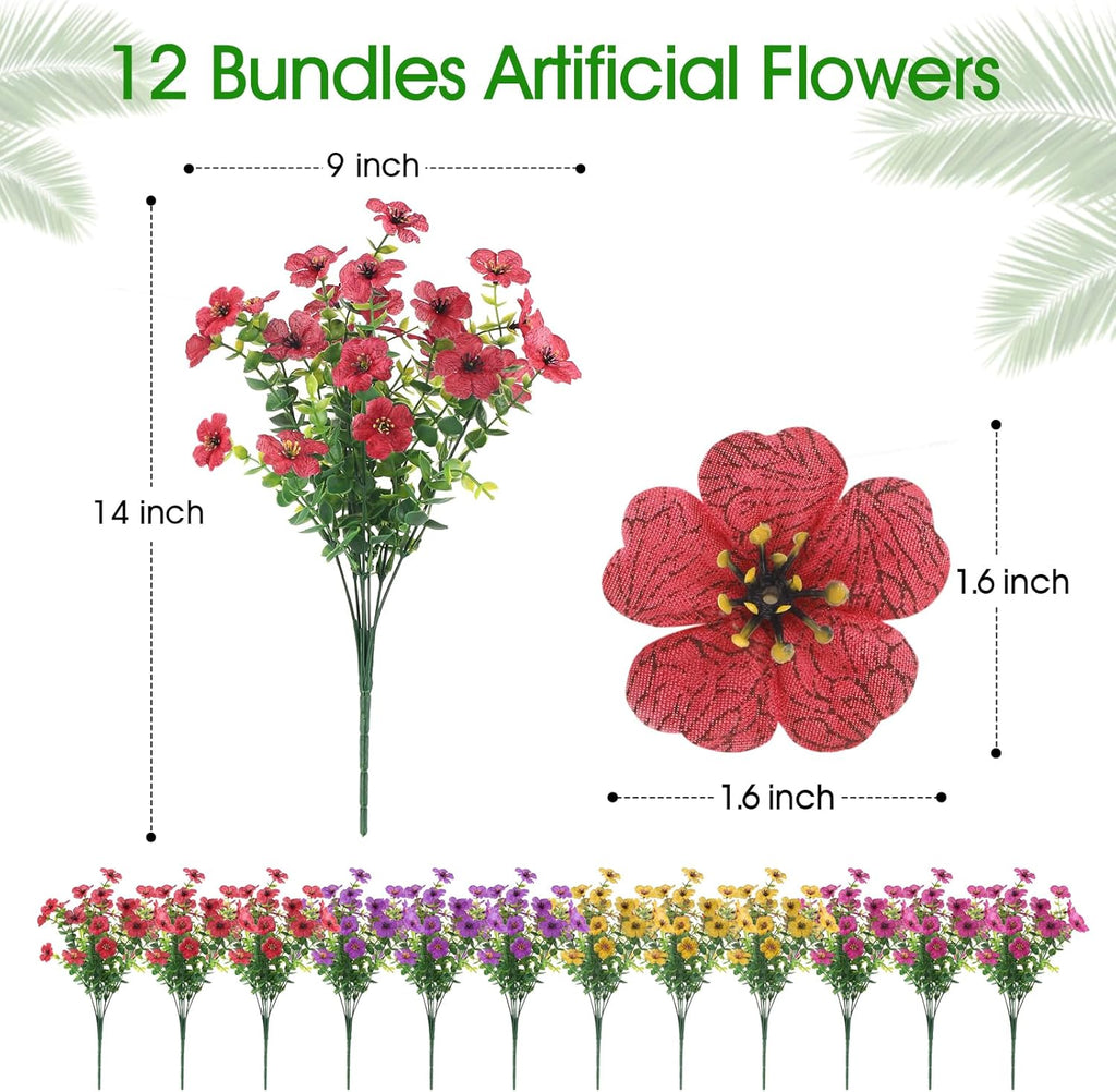 12 Bundles Artificial Faux Flowers, UV-Resistant Silk Fake Plants Spring Summer Decoration Indoor Outdoor Decor for Home, Porch, Balcony, Lawn, Yard - Spring, Summer, Fall, All Seasons (Mix)