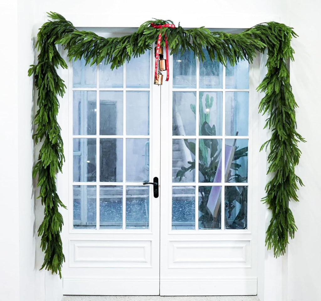 6 Ft Extra Full Christmas Garland Delux Real Touch Norfolk Pine Garland Christmas Decorations Lush Realistic Greenery Garlands for Mantle, Table, Stair, Railing, Fireplace Indoor Outdoor Holiday Decor