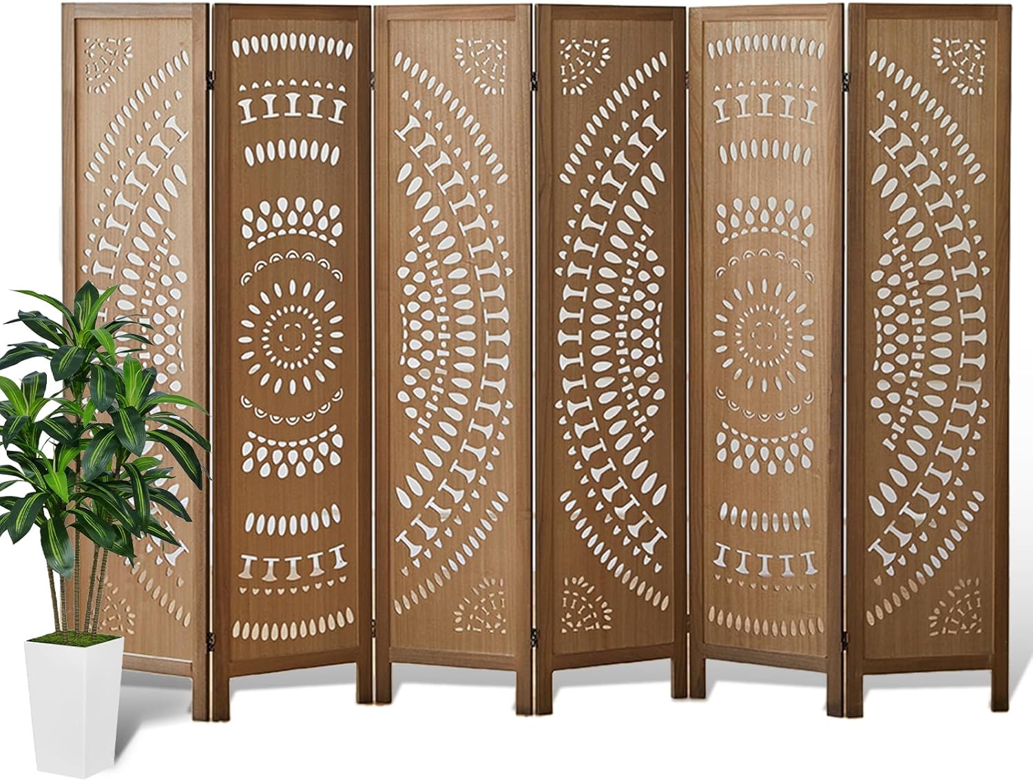 Wood Room Divider Wall and Folding Privacy Screen, 5.6 FT Tall Room Divider 6 Panel, Foldable Divider Panel, Environmentally Friendly Carved Privacy Divider for Home Bedroom Office (Brown)