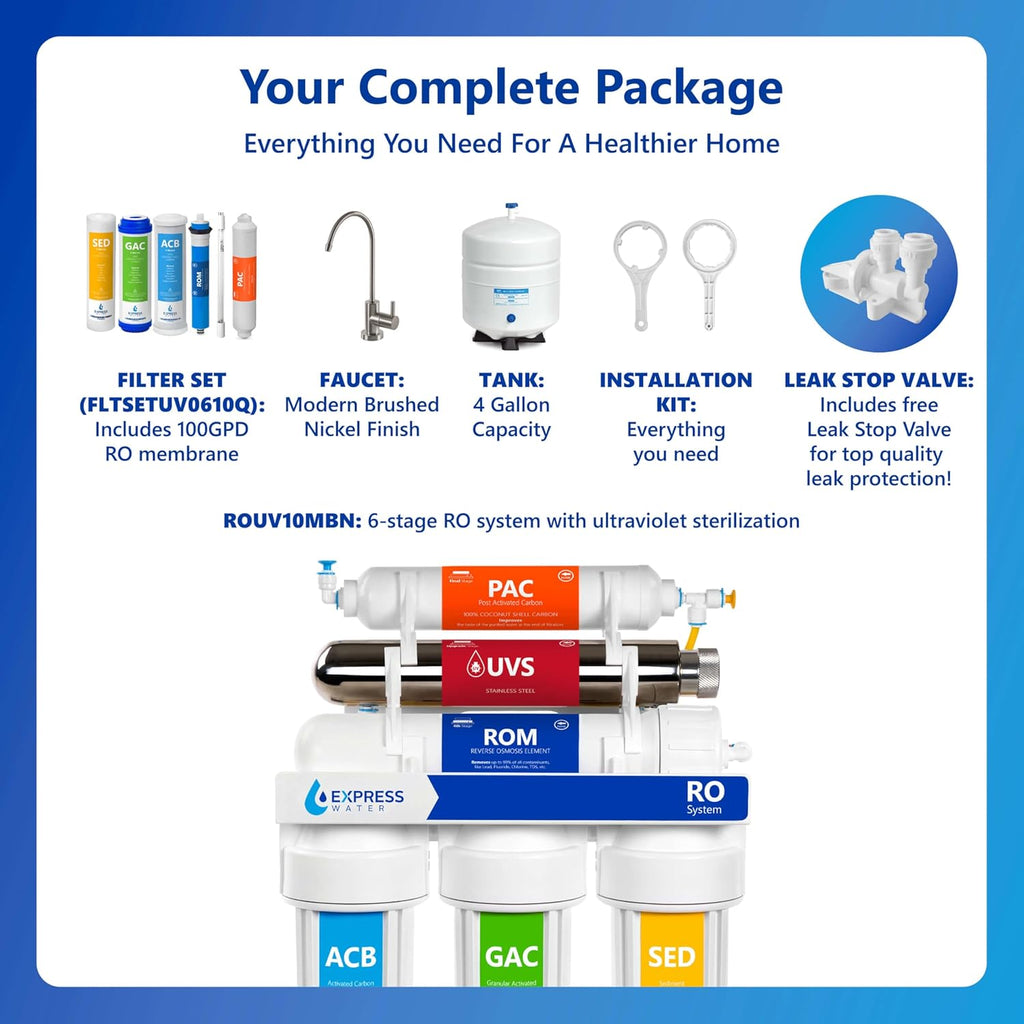 Express Water Reverse Osmosis Ultraviolet Water Filtration System – 100 GPD (Modern Brushed Nickel Faucet)