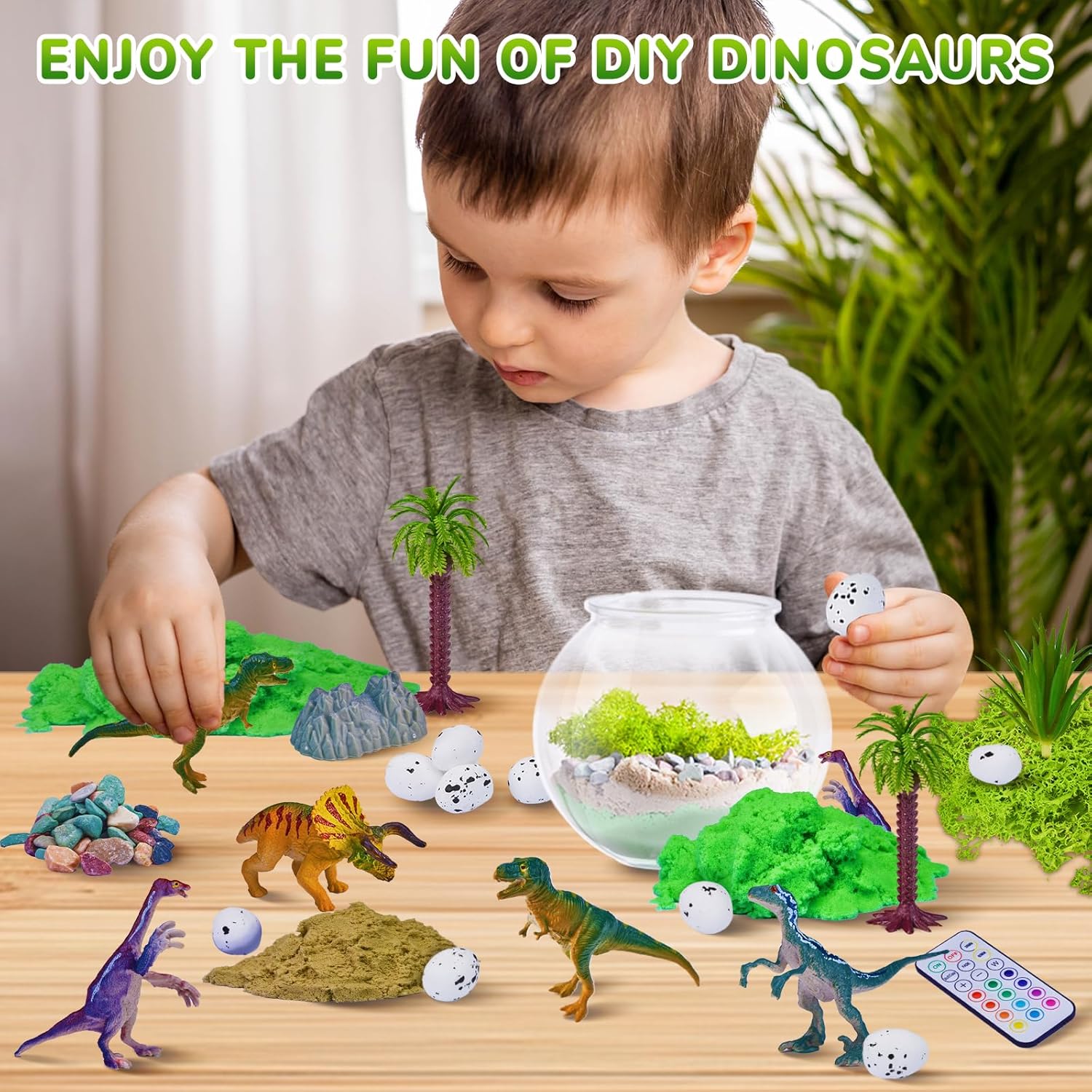 JoyCat Dinosaur Terrarium Kit Night Light for Kids,12 Colors+4 Dimmable Levels, Remote+Timer Press Night Light for Baby Nursery Lamp, Portable Toddler Lamp Gifts