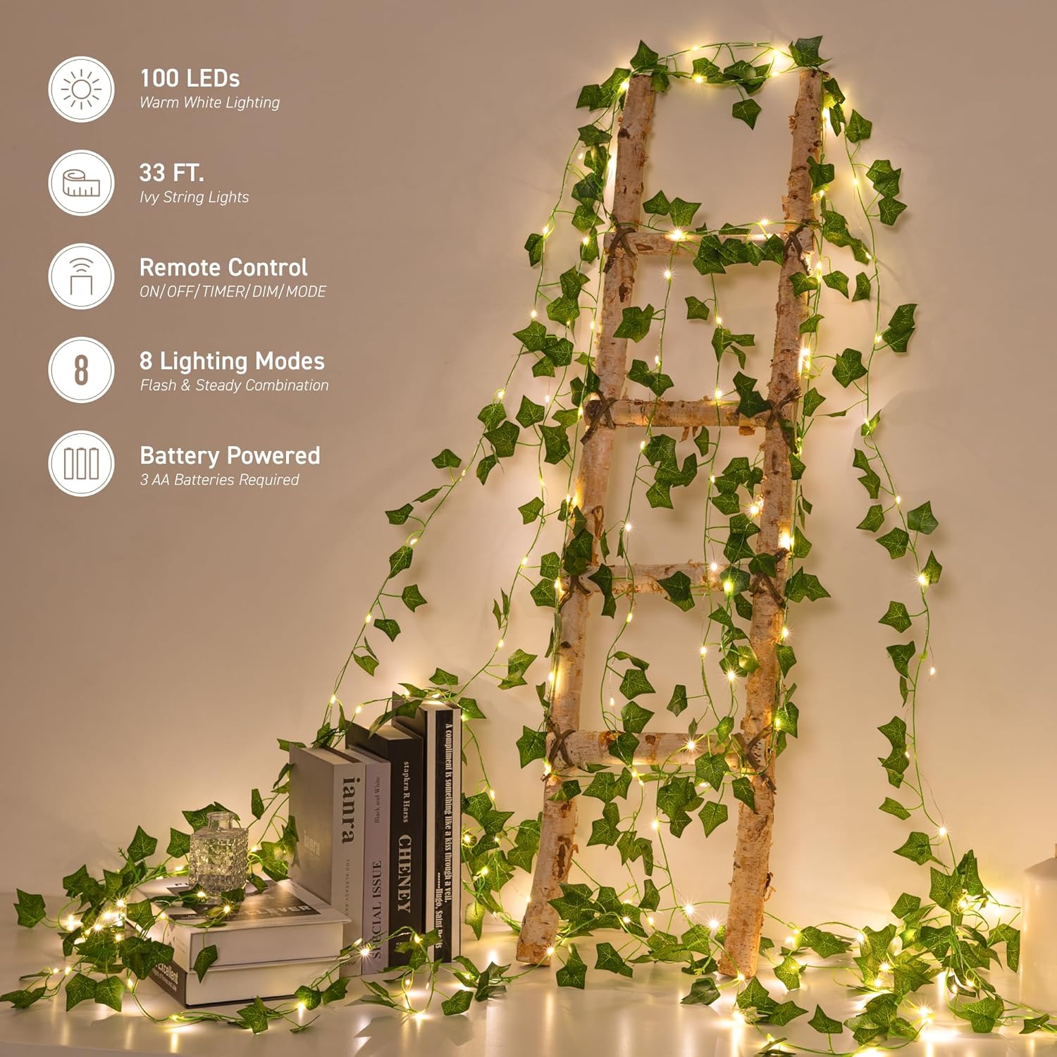 Indoor String Lights, 33ft Artificial Vine with 100 LED Fairy Lights, Battery Operated, Remote Control, 8 Lighting Modes, Green Leaf Decor